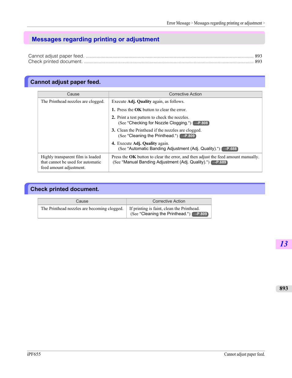 Messages regarding printing or adjustment, Cannot adjust paper feed, Check printed document | Cannot adjust paper feed check printed document | Canon imagePROGRAF iPF655 User Manual | Page 909 / 948