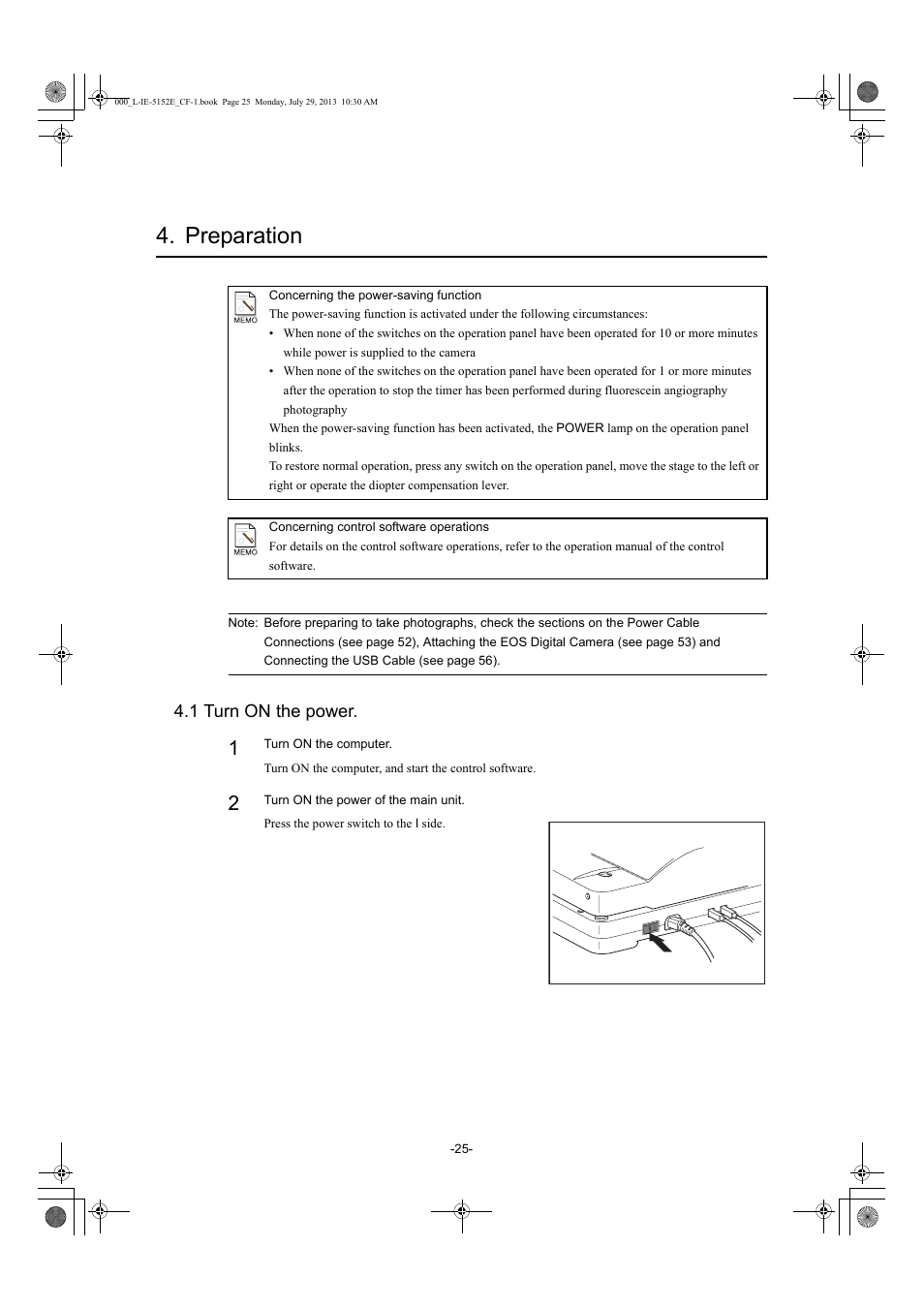 Preparation, 1 turn on the power | Canon CF-1 User Manual | Page 25 / 64