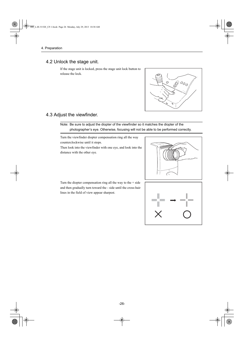 2 unlock the stage unit, 3 adjust the viewfinder, 2 unlock the stage unit 4.3 adjust the viewfinder | Canon CF-1 User Manual | Page 26 / 64