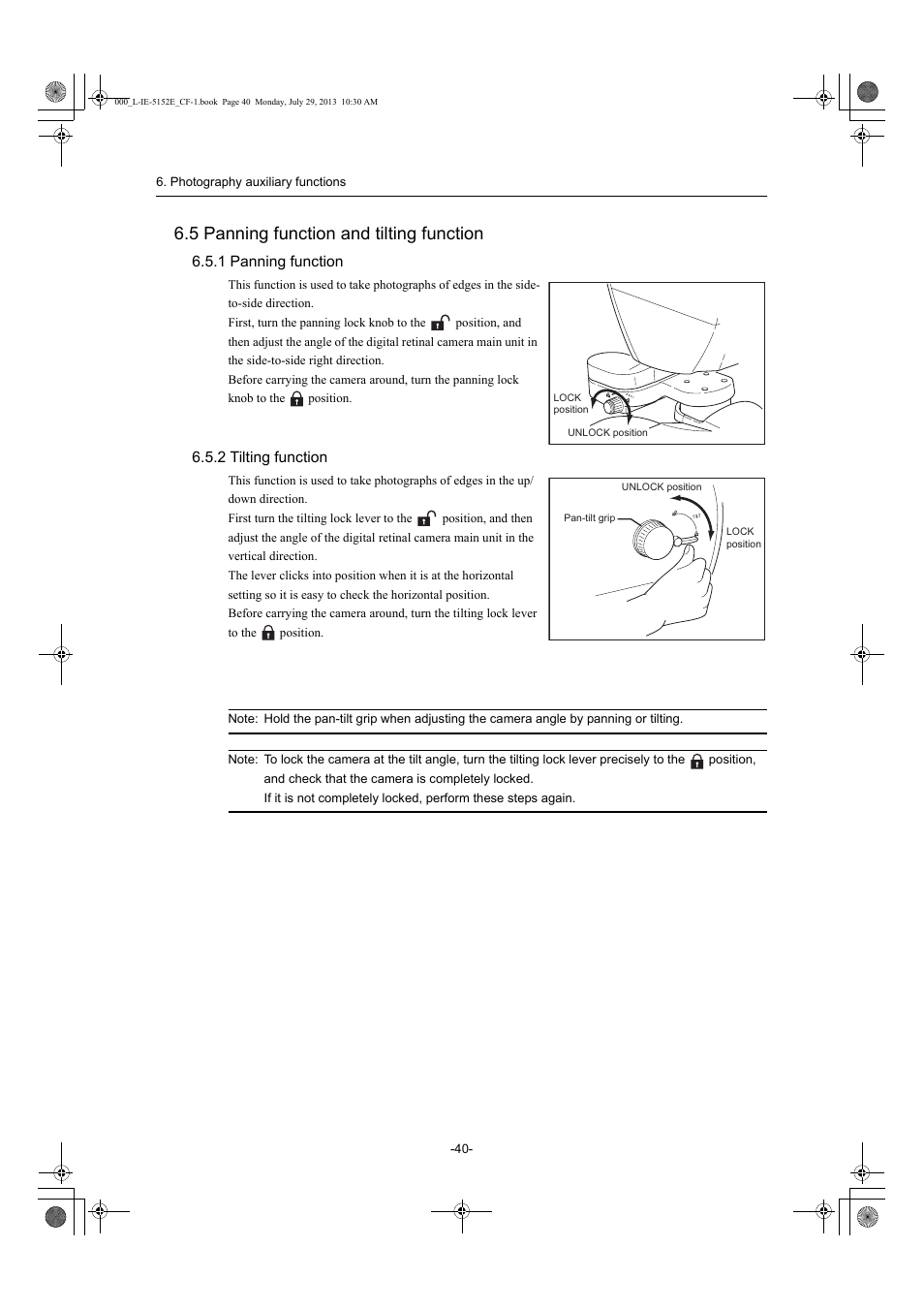 5 panning function and tilting function, 1 panning function, 2 tilting function | 1 panning function 6.5.2 tilting function | Canon CF-1 User Manual | Page 40 / 64