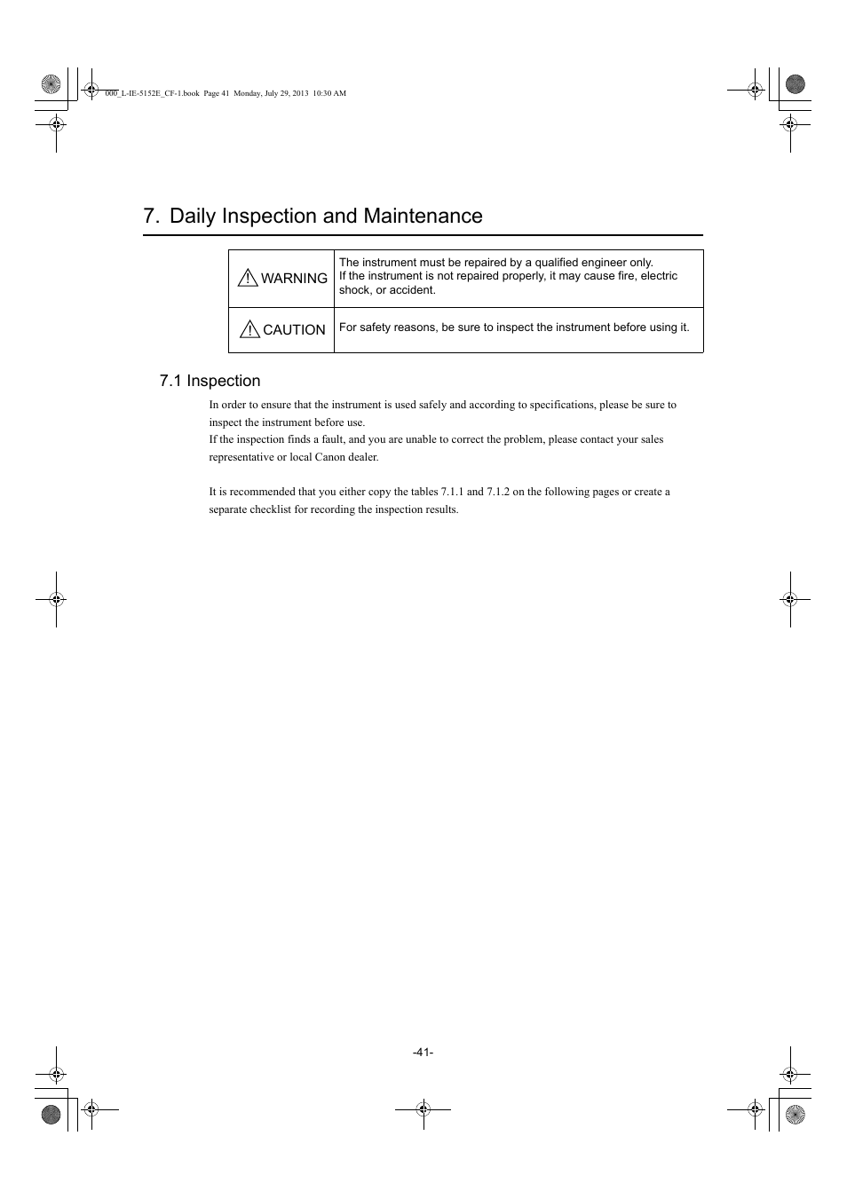 Daily inspection and maintenance, 1 inspection | Canon CF-1 User Manual | Page 41 / 64