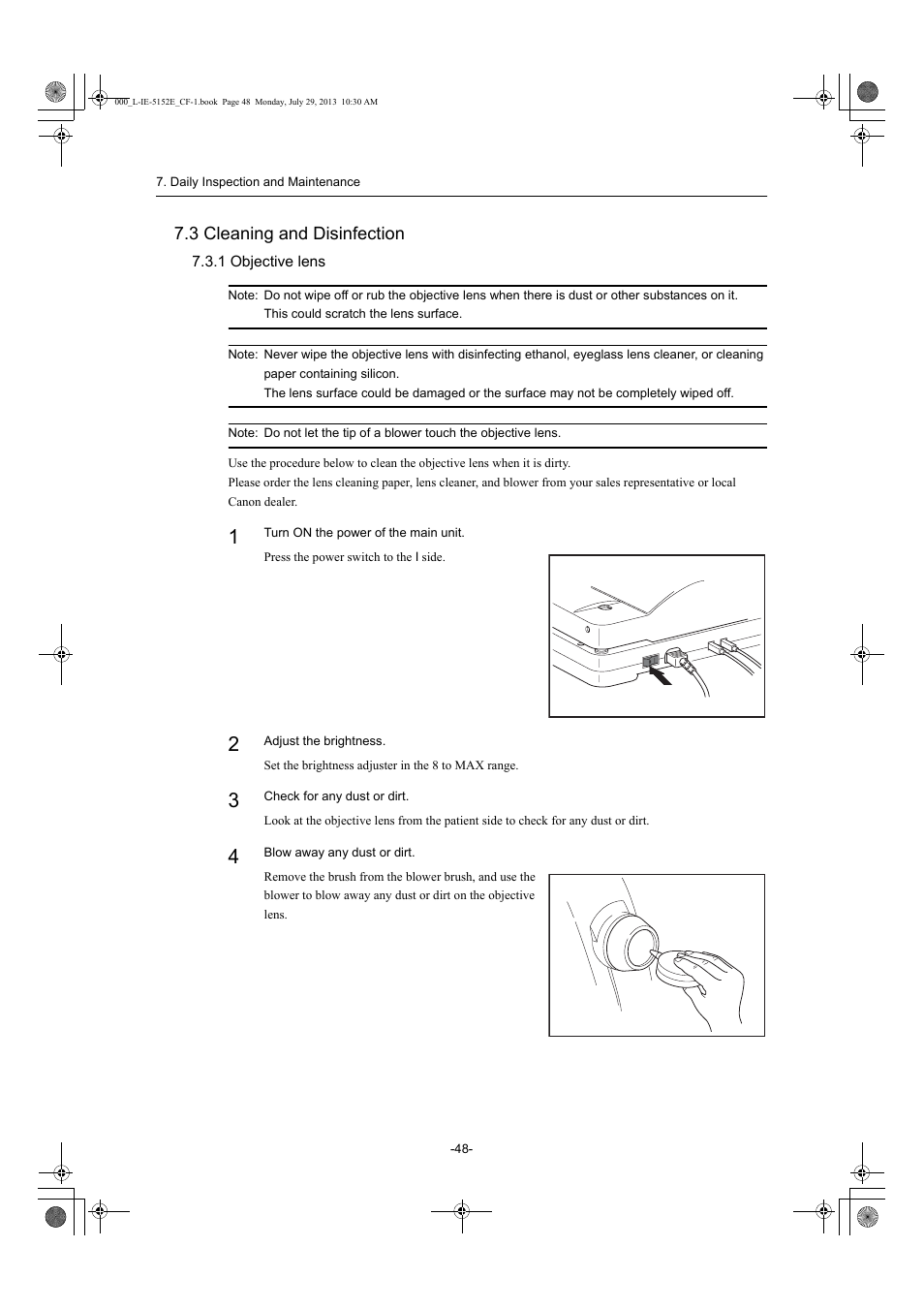3 cleaning and disinfection, 1 objective lens | Canon CF-1 User Manual | Page 48 / 64
