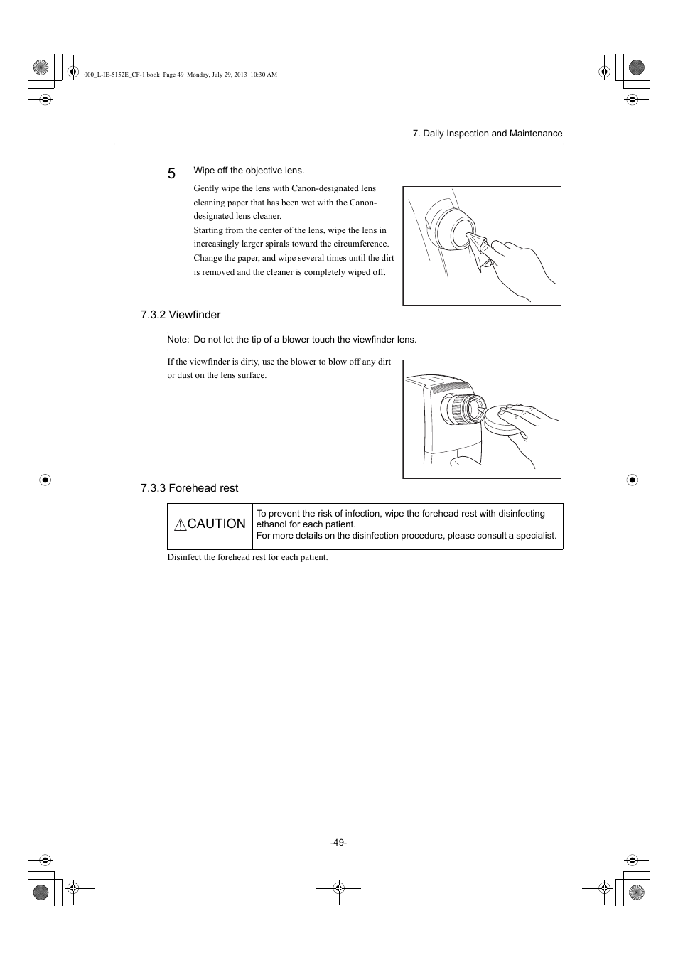 2 viewfinder, 3 forehead rest, 2 viewfinder 7.3.3 forehead rest | Caution | Canon CF-1 User Manual | Page 49 / 64