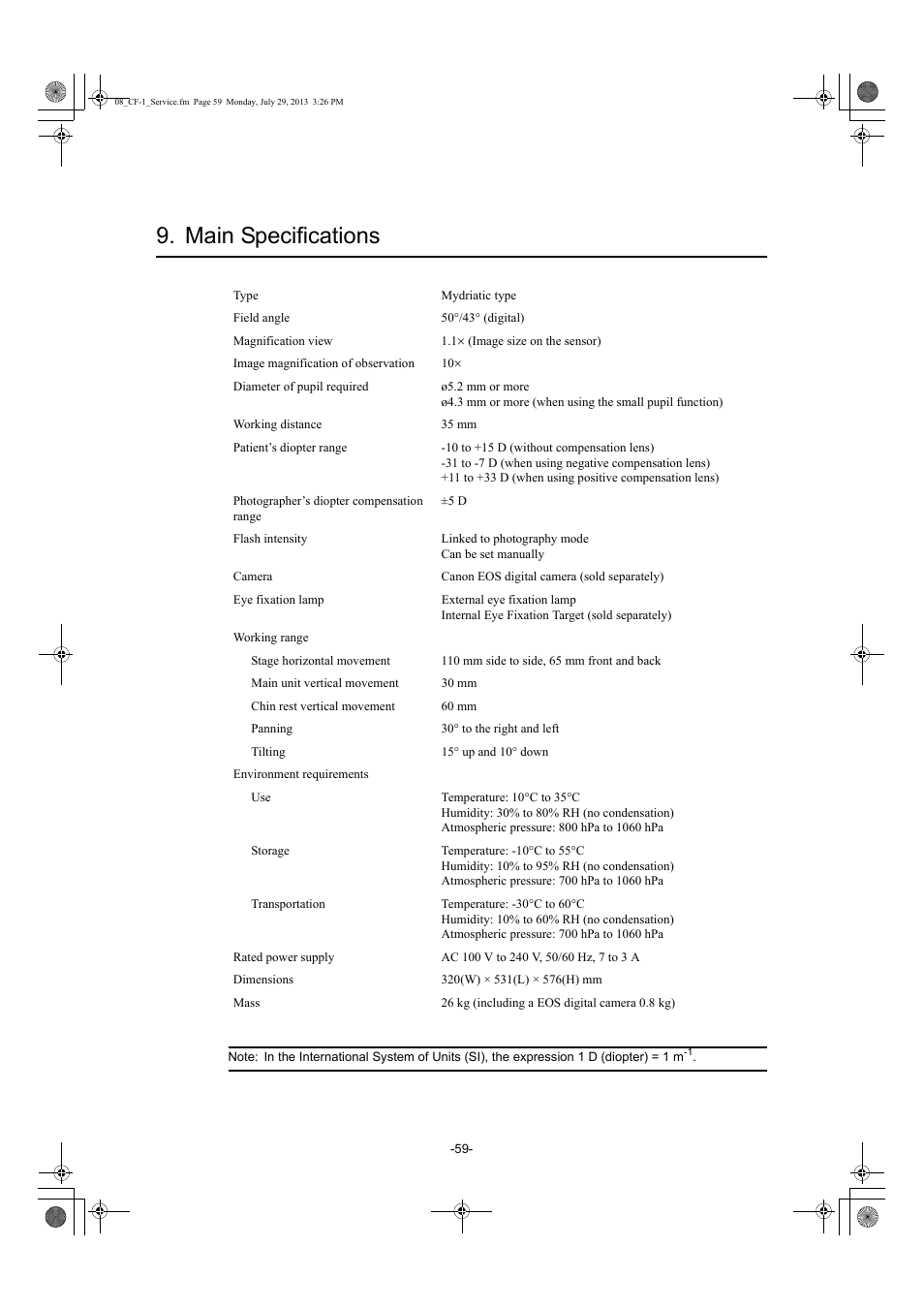 Main specifications | Canon CF-1 User Manual | Page 59 / 64