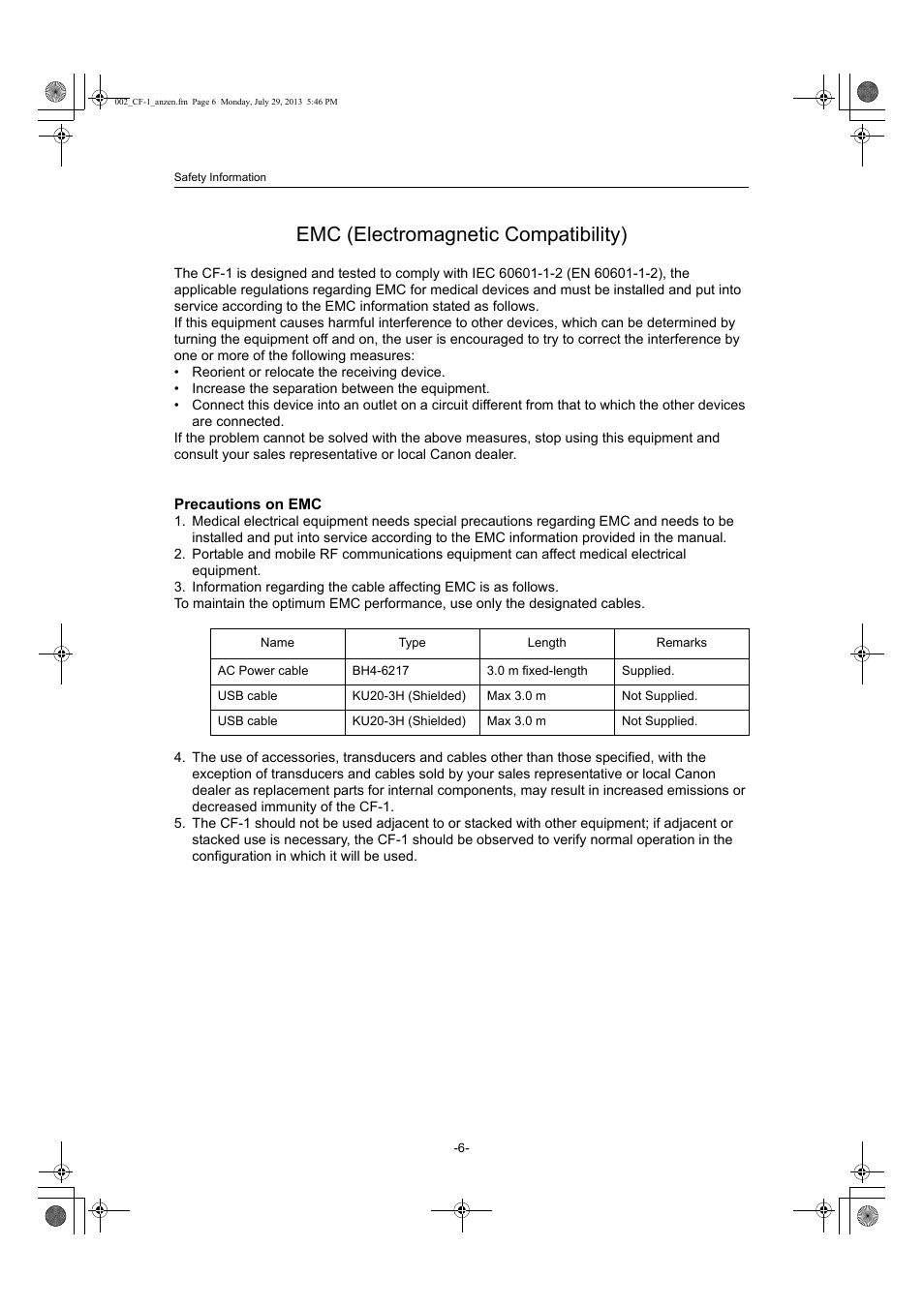 Emc (electromagnetic compatibility) | Canon CF-1 User Manual | Page 6 / 64