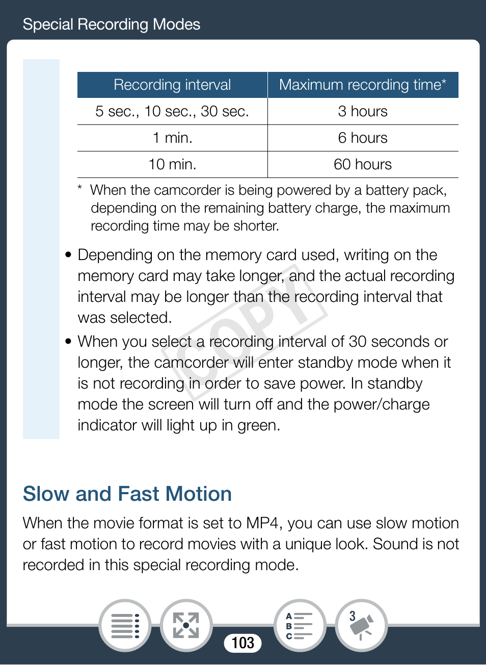 Slow and fast motion, Cop y | Canon VIXIA mini X User Manual | Page 103 / 310