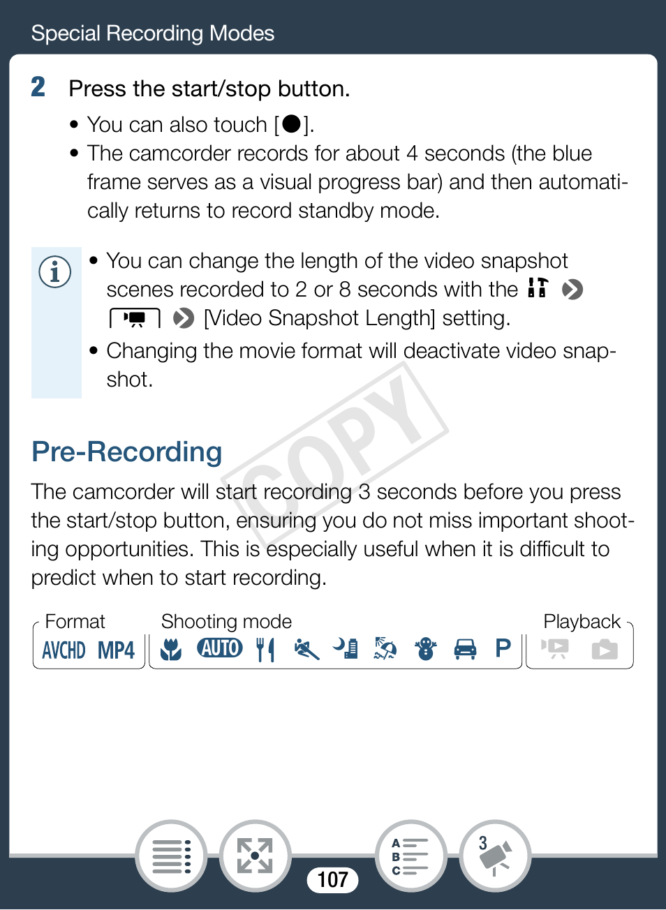 Pre-recording, Cop y | Canon VIXIA mini X User Manual | Page 107 / 310