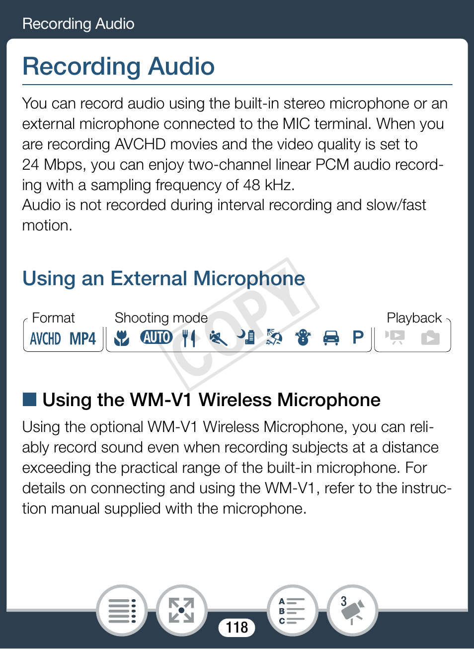 Recording audio, Using an external microphone, Cop y | Canon VIXIA mini X User Manual | Page 118 / 310