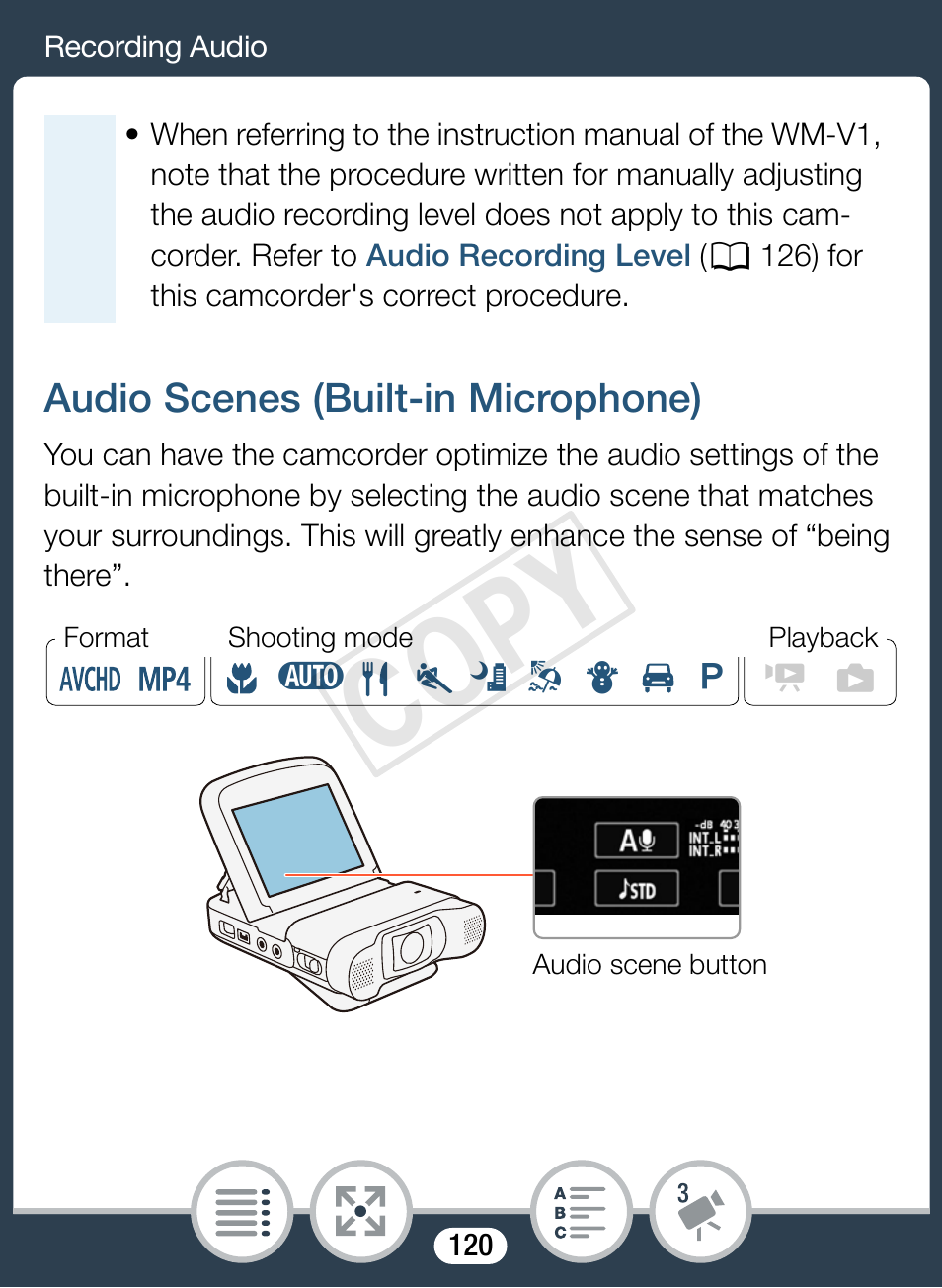 Audio scenes (built-in microphone), Cop y | Canon VIXIA mini X User Manual | Page 120 / 310