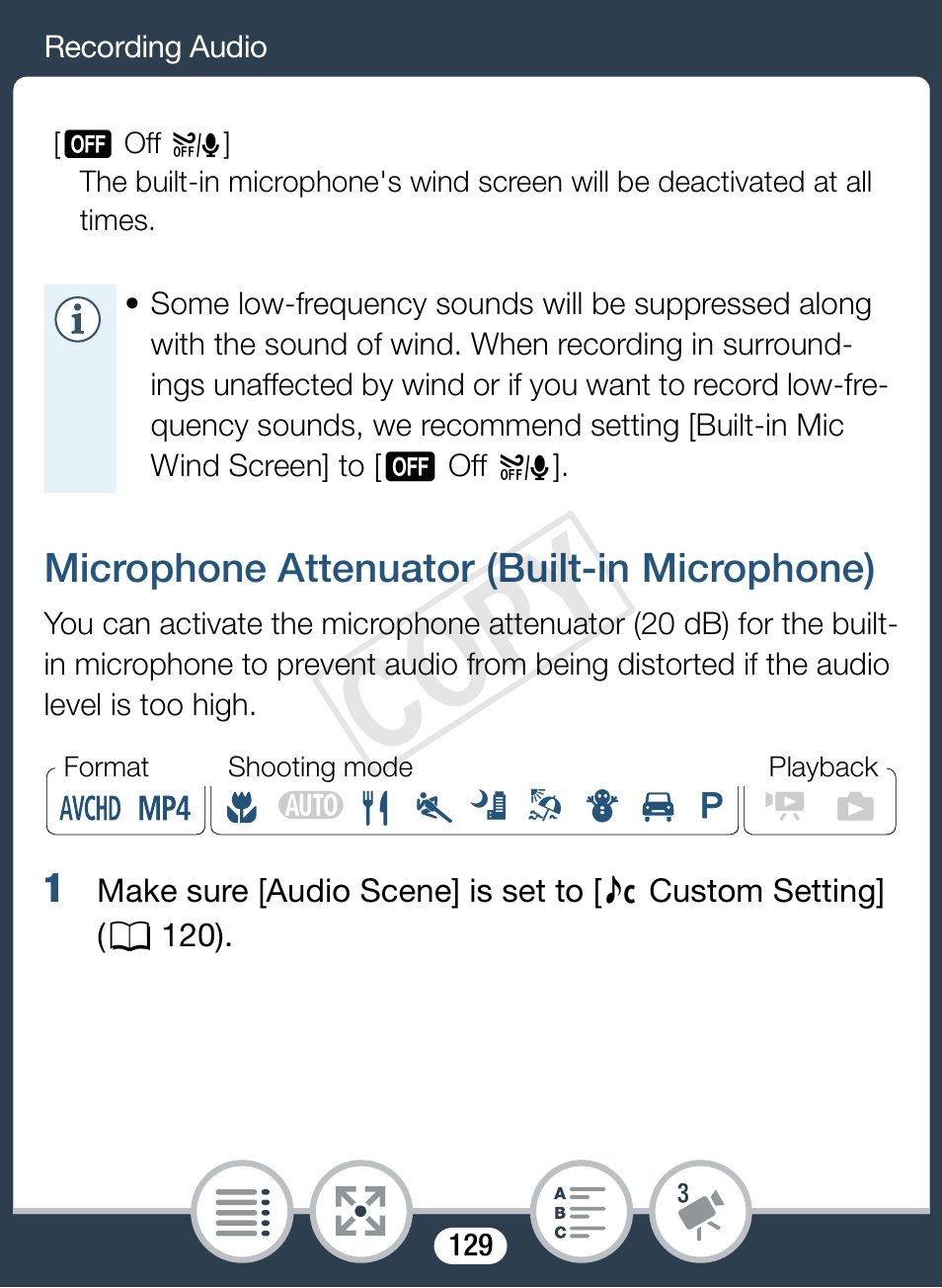 Microphone attenuator (built-in microphone), Cop y | Canon VIXIA mini X User Manual | Page 129 / 310