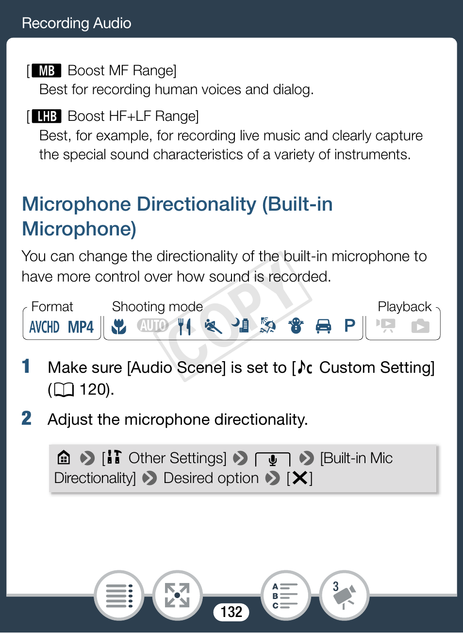 Microphone directionality (built-in microphone), Cop y | Canon VIXIA mini X User Manual | Page 132 / 310