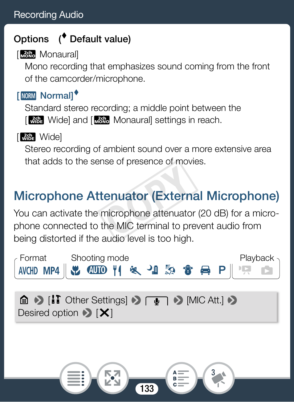 Microphone attenuator (external microphone), Cop y | Canon VIXIA mini X User Manual | Page 133 / 310