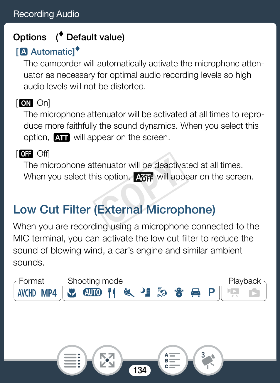 Low cut filter (external microphone), Cop y | Canon VIXIA mini X User Manual | Page 134 / 310