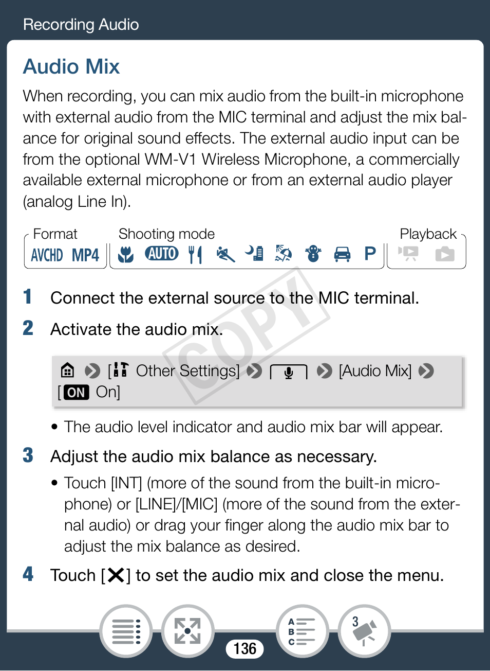 Audio mix, Cop y | Canon VIXIA mini X User Manual | Page 136 / 310