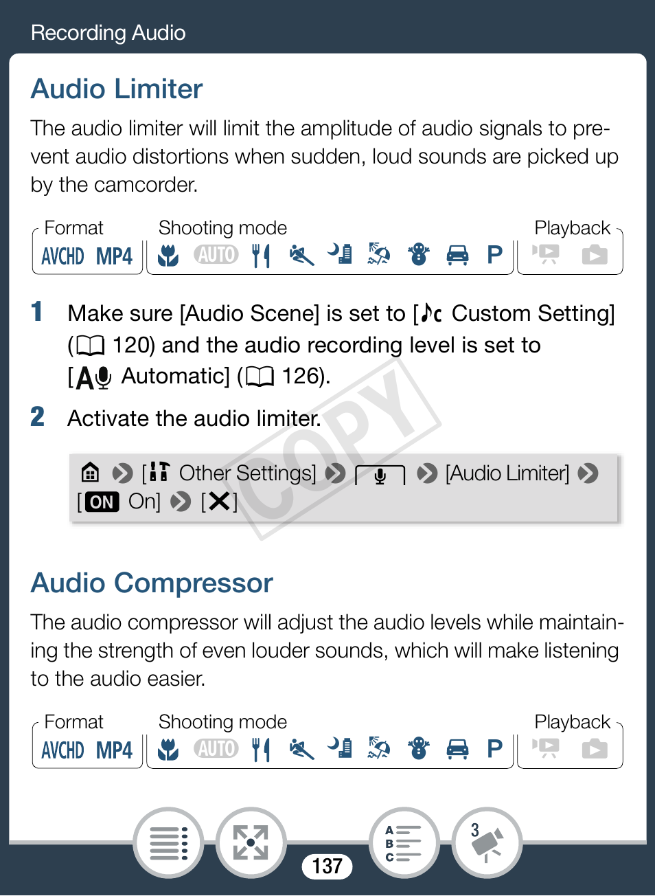 Audio limiter, Audio compressor, Audio limiter audio compressor | Cop y | Canon VIXIA mini X User Manual | Page 137 / 310