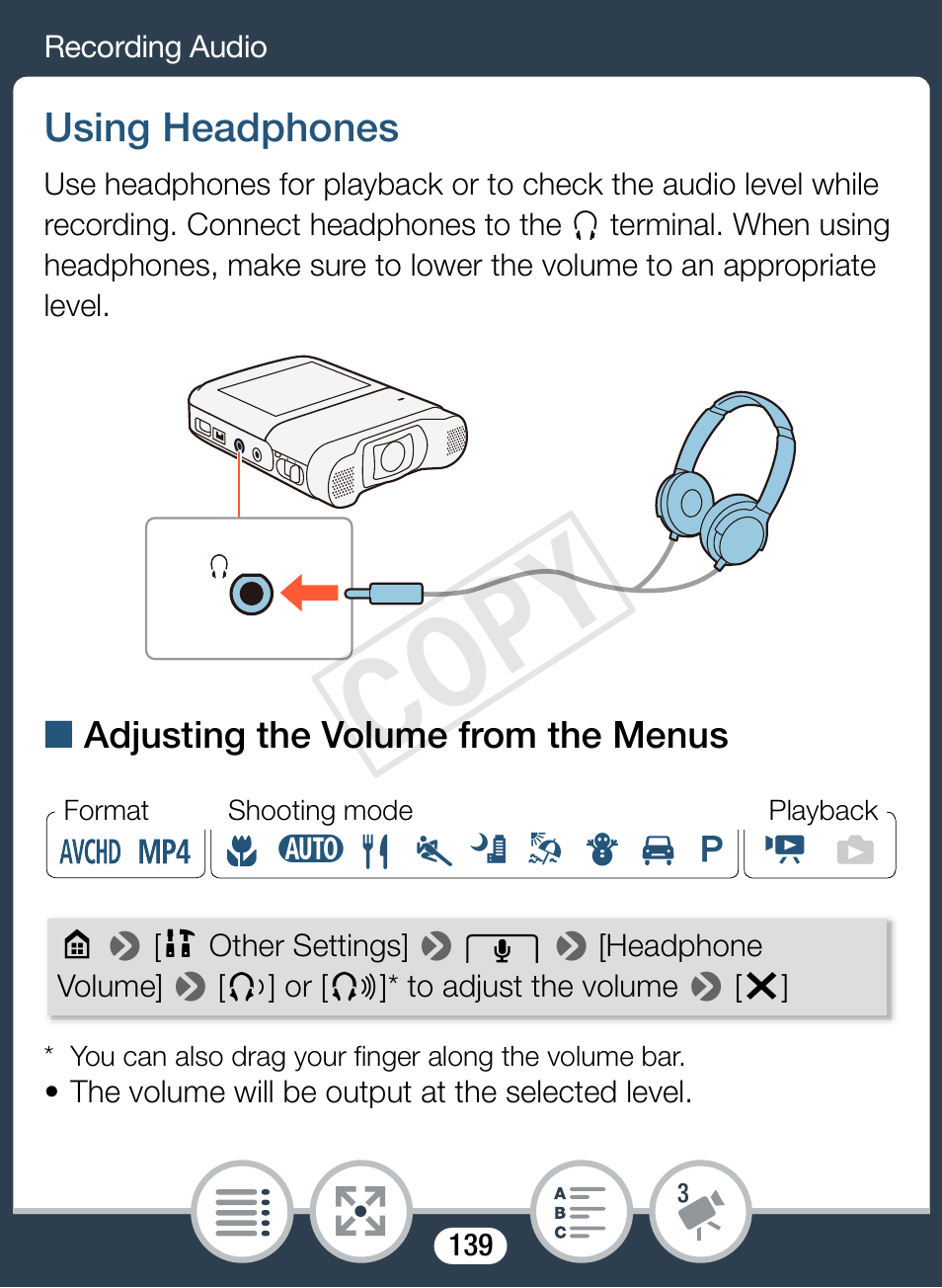 Using headphones, Cop y | Canon VIXIA mini X User Manual | Page 139 / 310