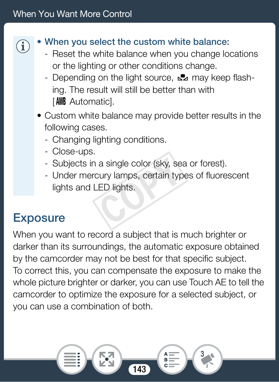 Exposure, 143), an, Cop y | Canon VIXIA mini X User Manual | Page 143 / 310
