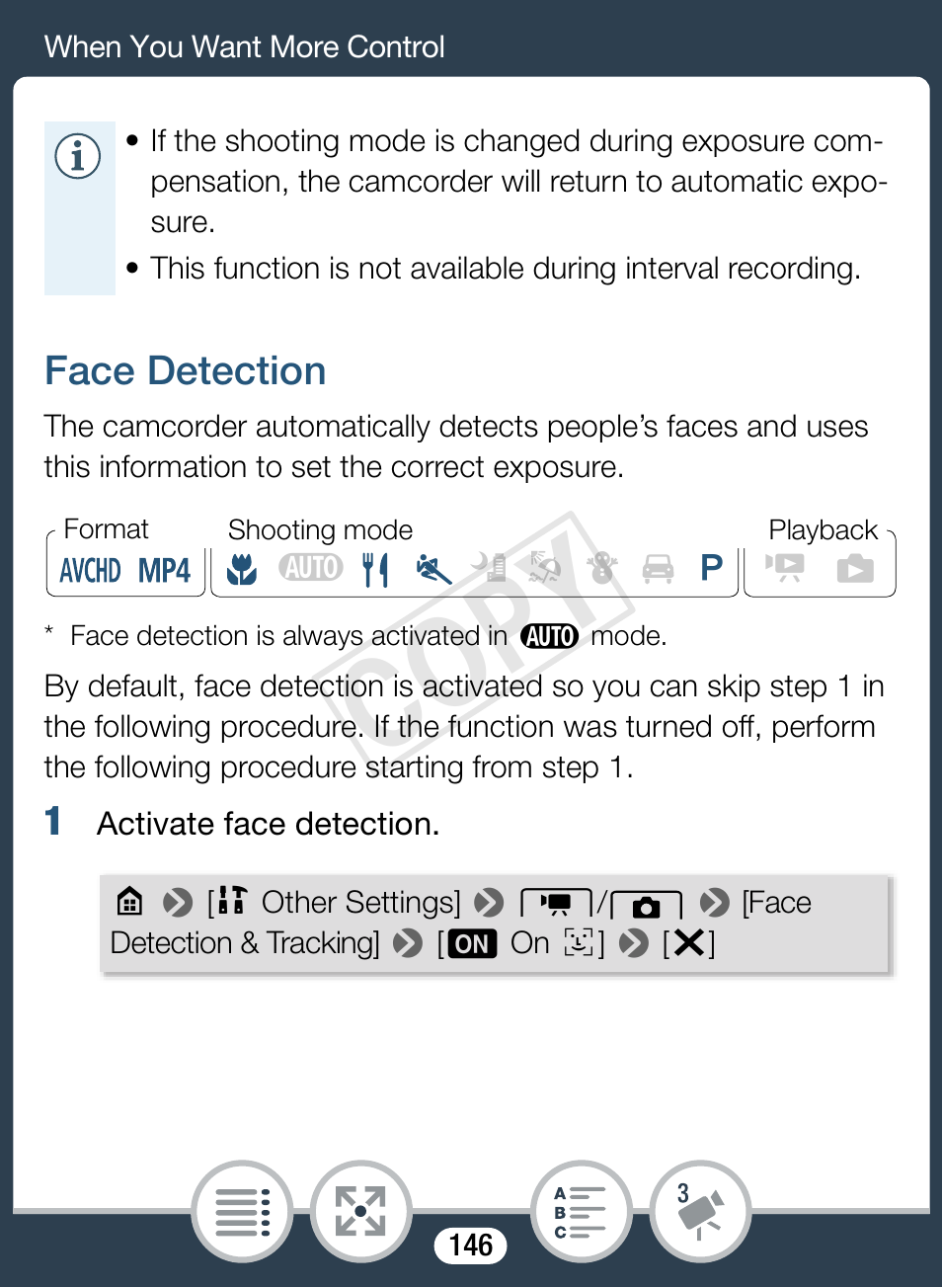Face detection, Cop y | Canon VIXIA mini X User Manual | Page 146 / 310