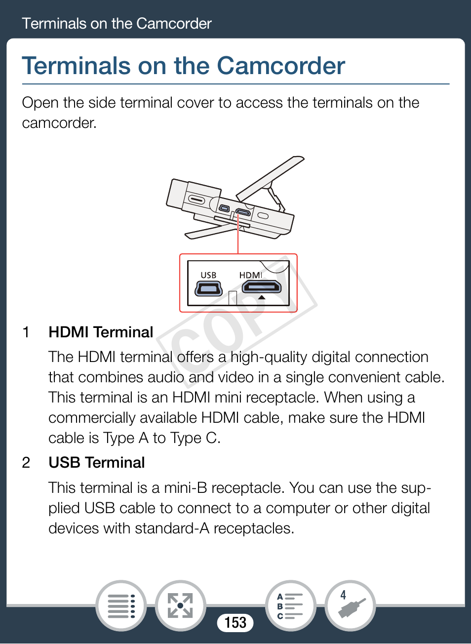 Terminals on the camcorder, Cop y | Canon VIXIA mini X User Manual | Page 153 / 310