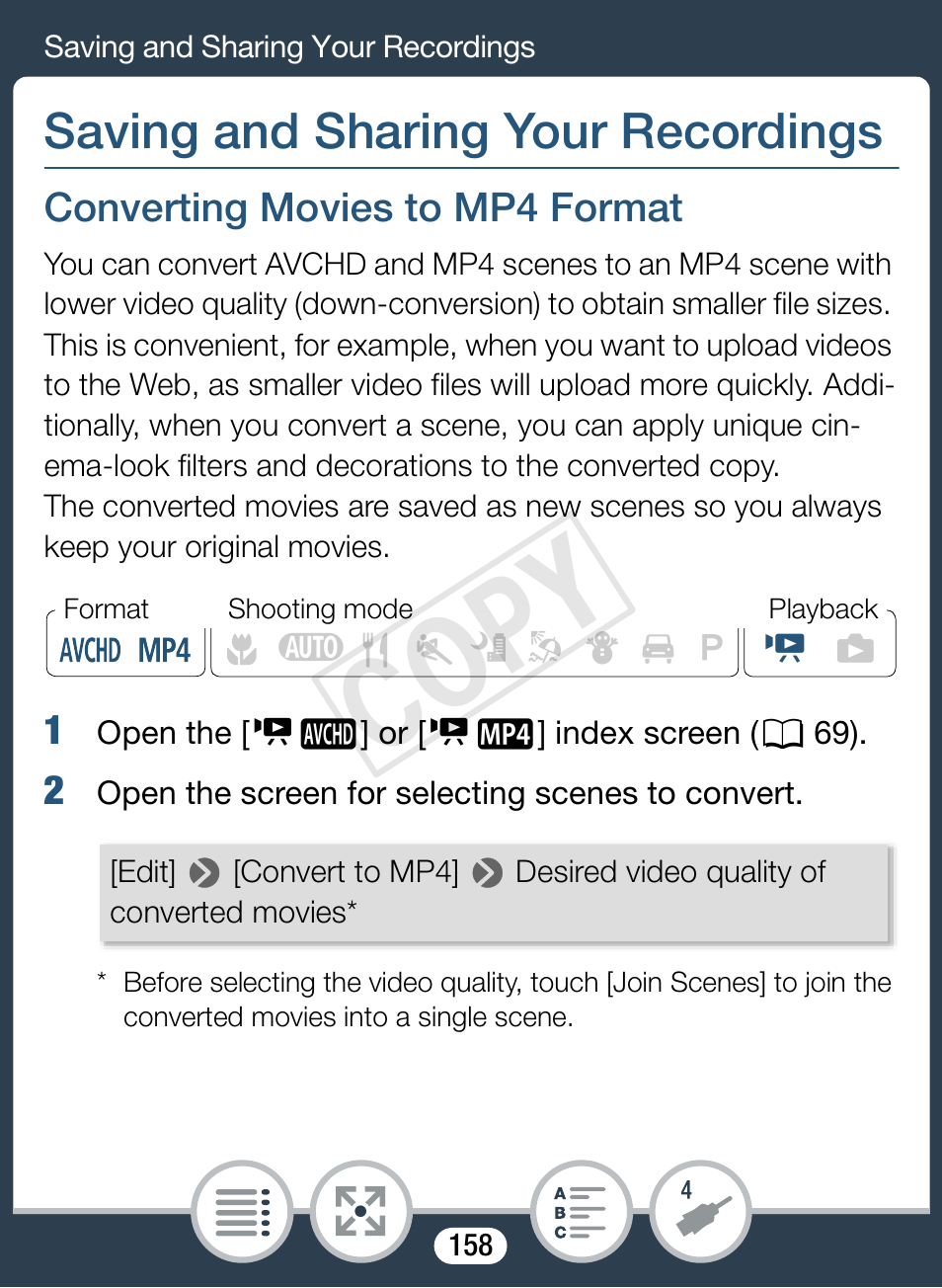 Saving and sharing your recordings, Converting movies to mp4 format, Cop y | Canon VIXIA mini X User Manual | Page 158 / 310