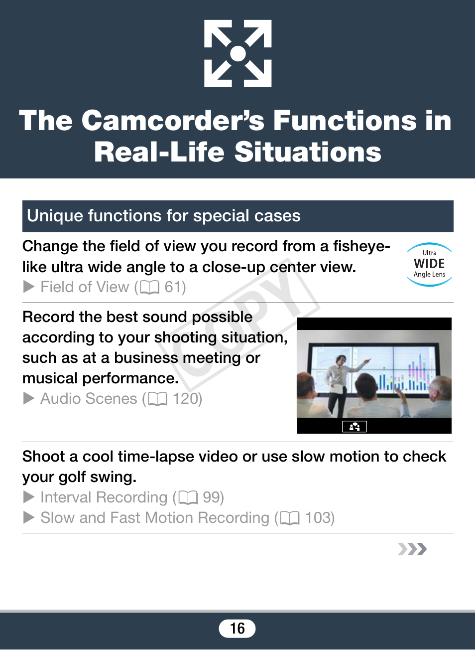 The camcorder’s functions in real-life situations, Unique functions for special cases, Cop y | Canon VIXIA mini X User Manual | Page 16 / 310