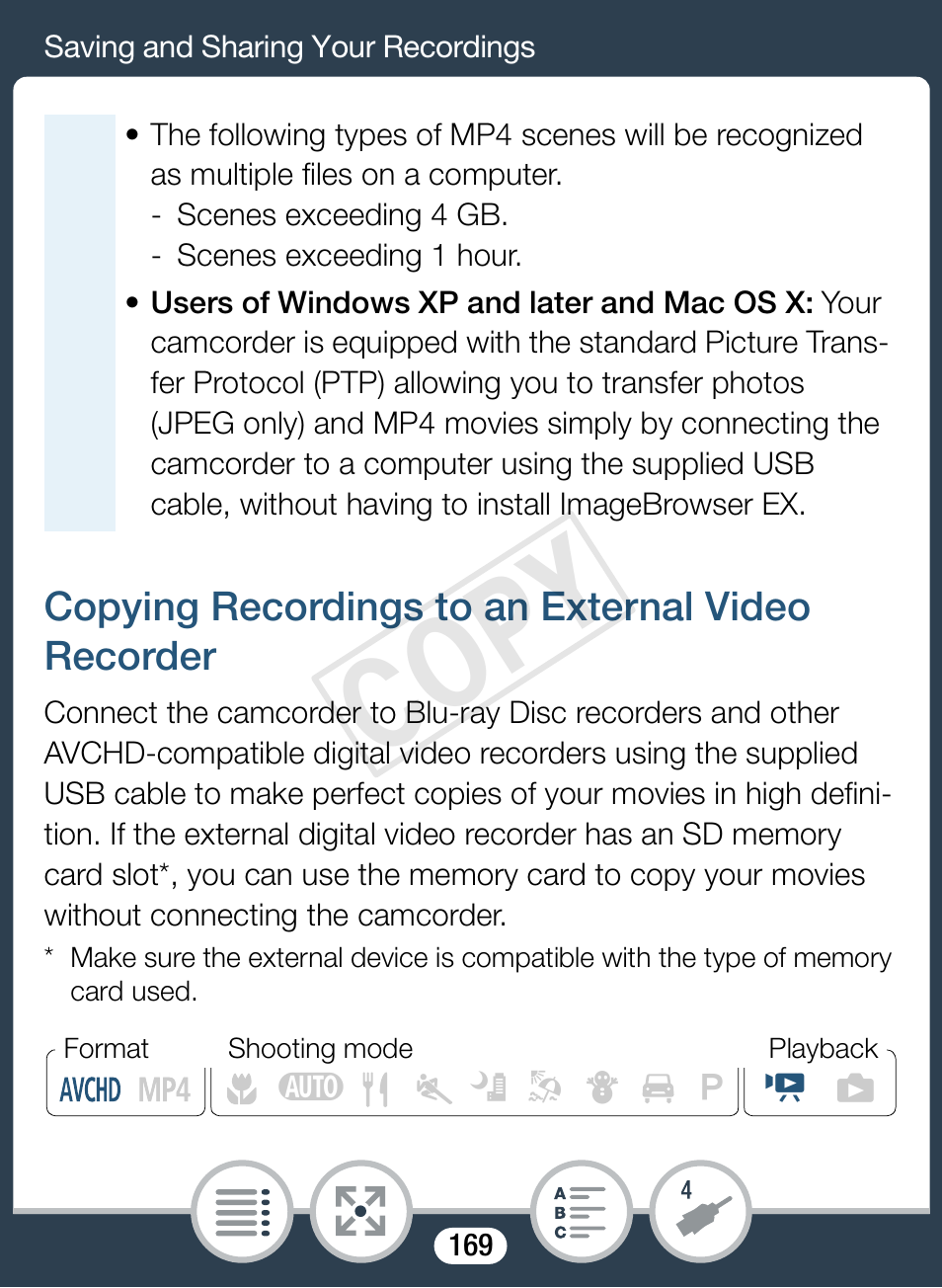 Copying recordings to an external video recorder, Cop y | Canon VIXIA mini X User Manual | Page 169 / 310