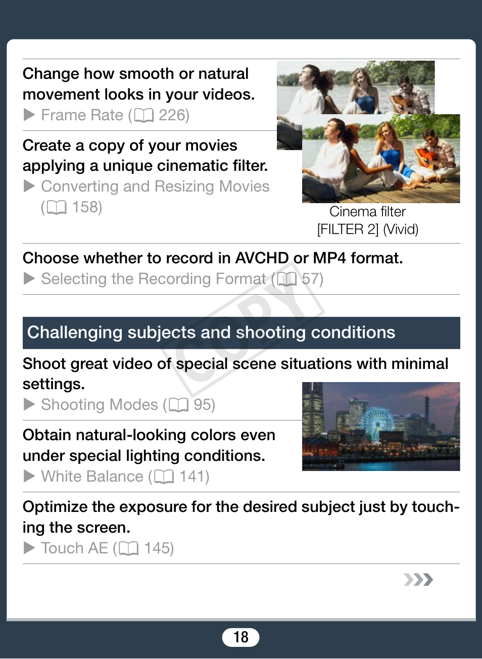 Challenging subjects and shooting conditions, Cop y | Canon VIXIA mini X User Manual | Page 18 / 310