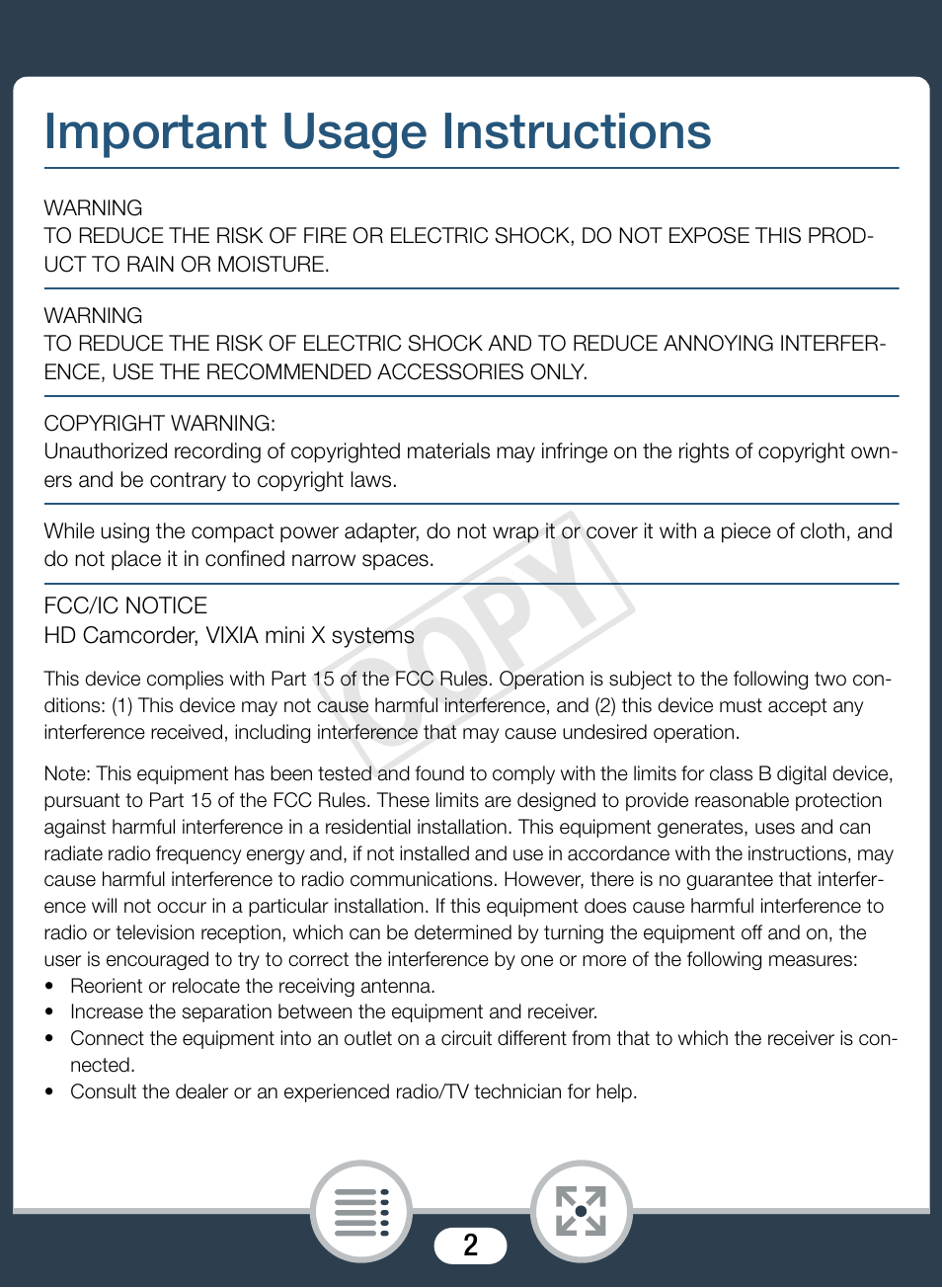 Important usage instructions, Cop y | Canon VIXIA mini X User Manual | Page 2 / 310