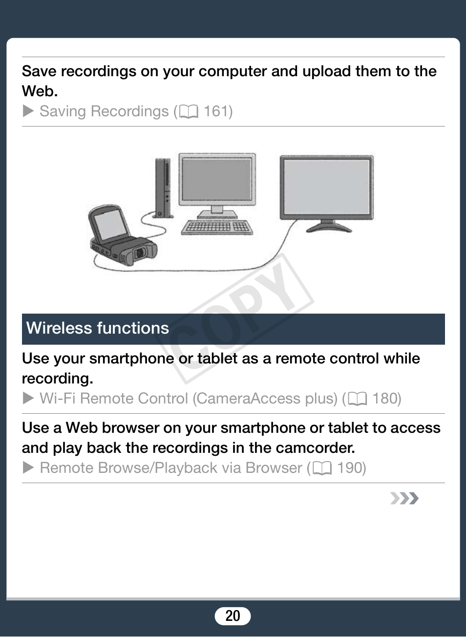 Wireless functions, Cop y | Canon VIXIA mini X User Manual | Page 20 / 310