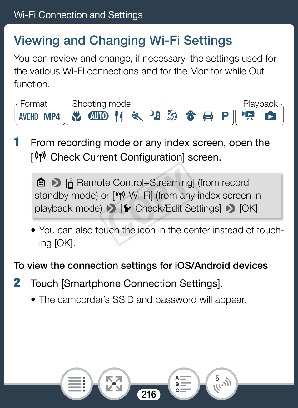 Viewing and changing wi-fi settings, Cop y | Canon VIXIA mini X User Manual | Page 216 / 310