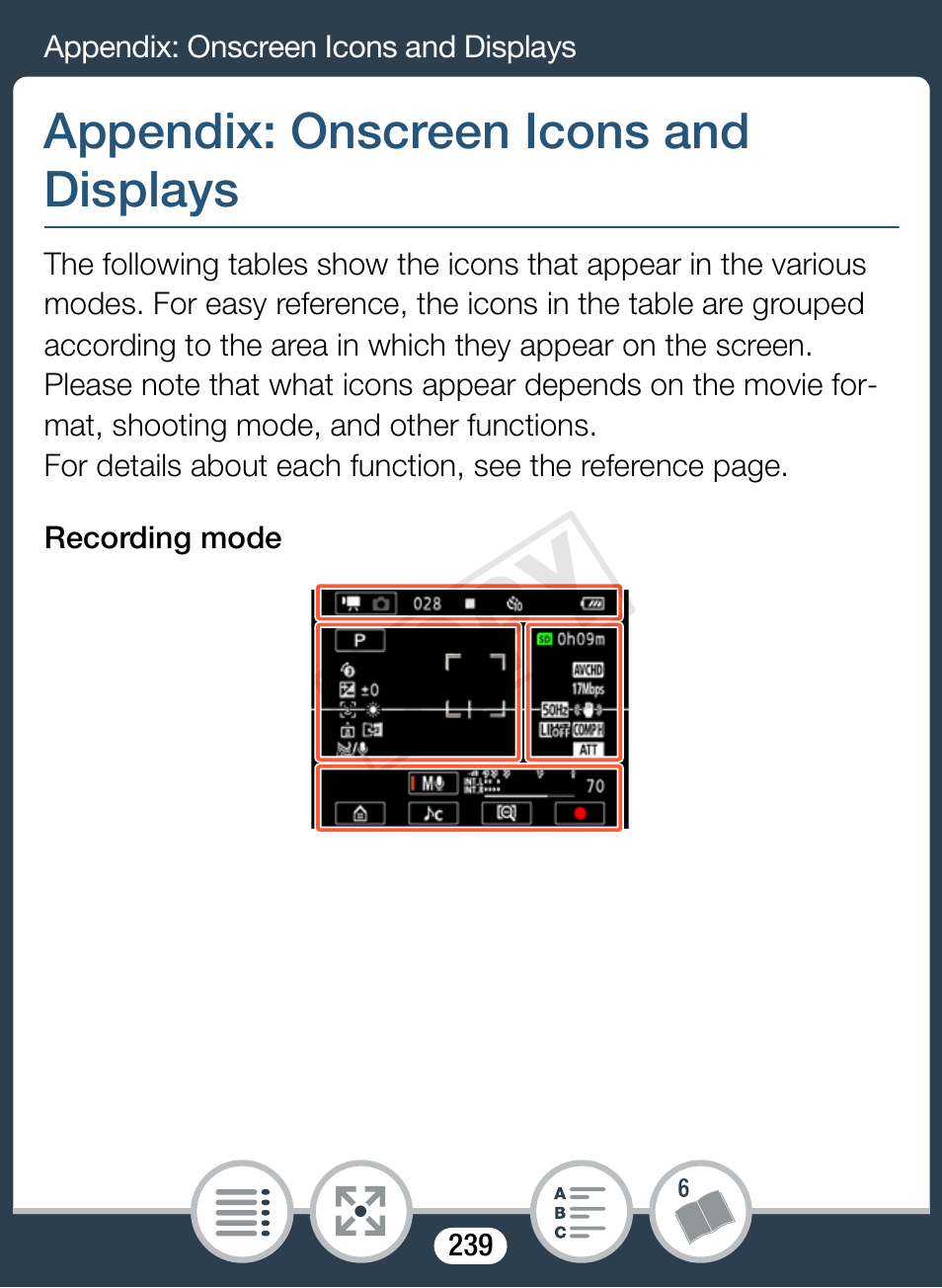 Appendix: onscreen icons and displays, Cop y | Canon VIXIA mini X User Manual | Page 239 / 310