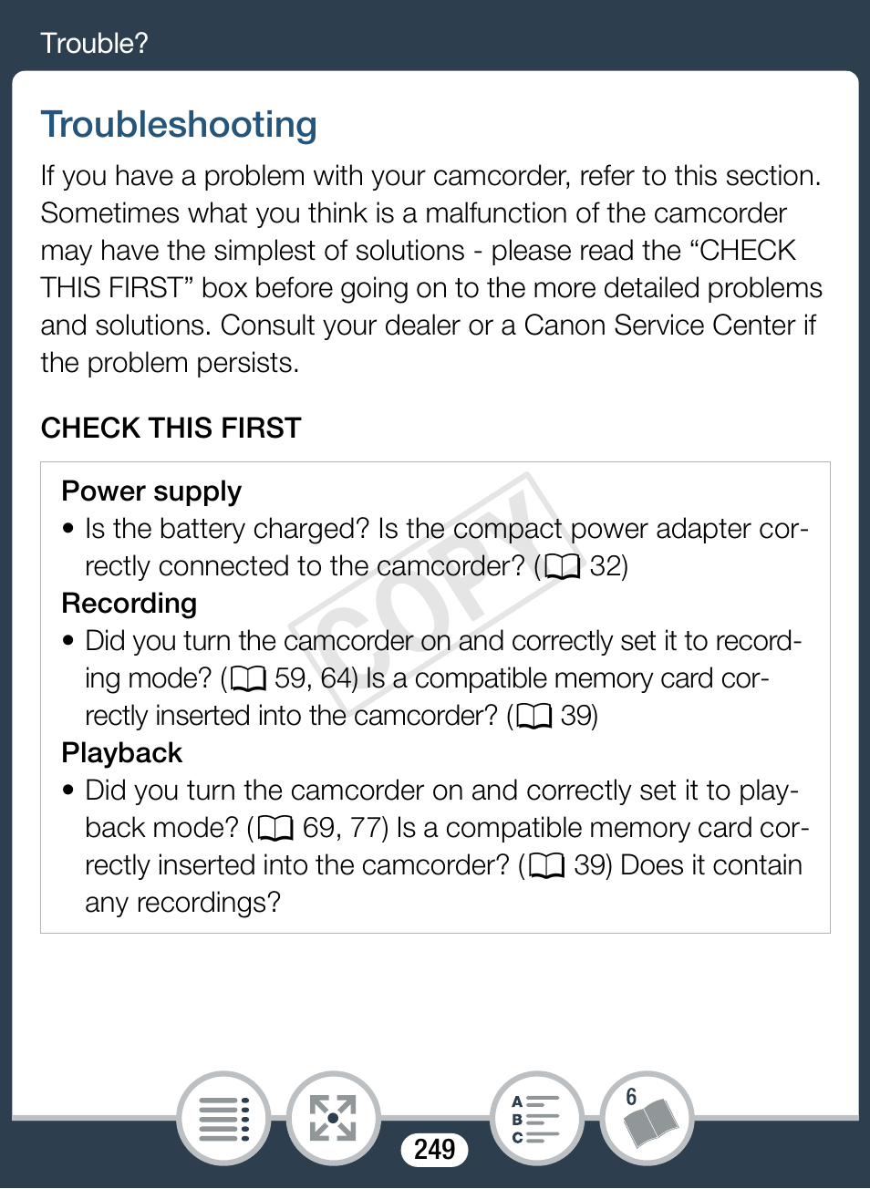 Trouble, Troubleshooting, Cop y | Canon VIXIA mini X User Manual | Page 249 / 310