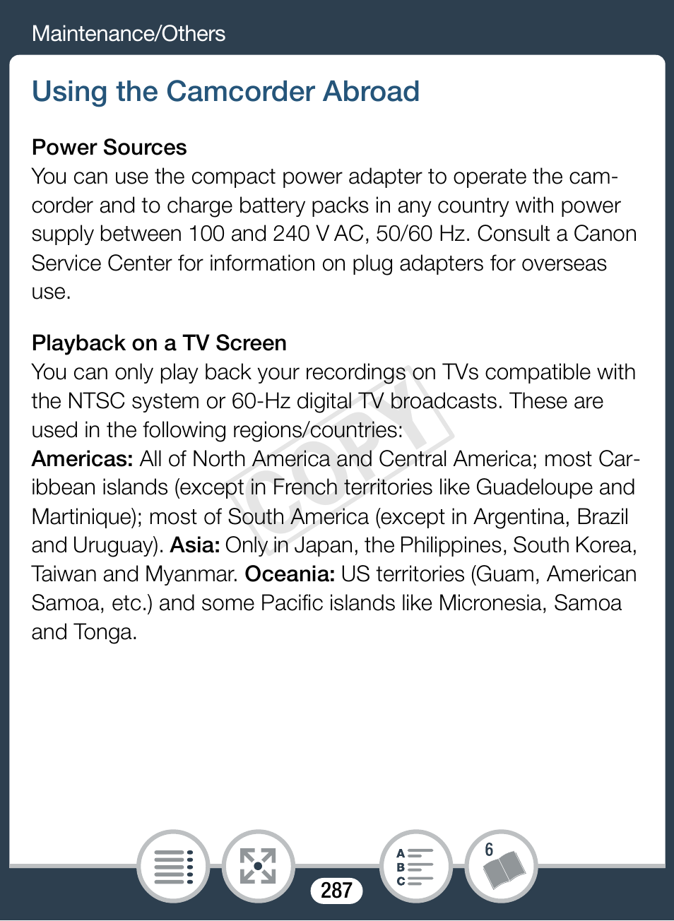 Using the camcorder abroad, Cop y | Canon VIXIA mini X User Manual | Page 287 / 310