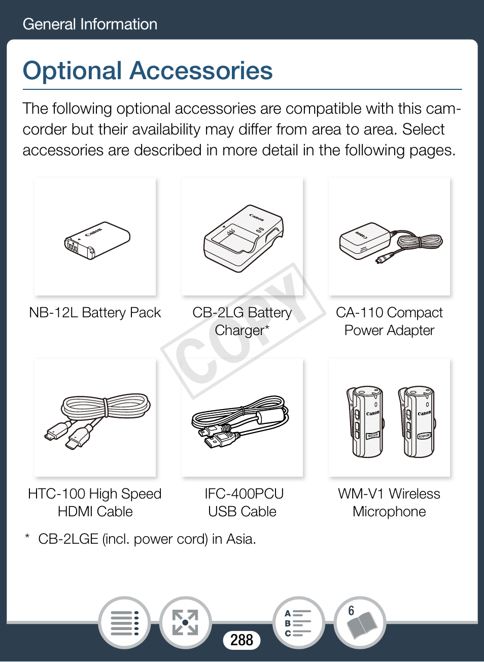 General information, Optional accessories, Cop y | Canon VIXIA mini X User Manual | Page 288 / 310