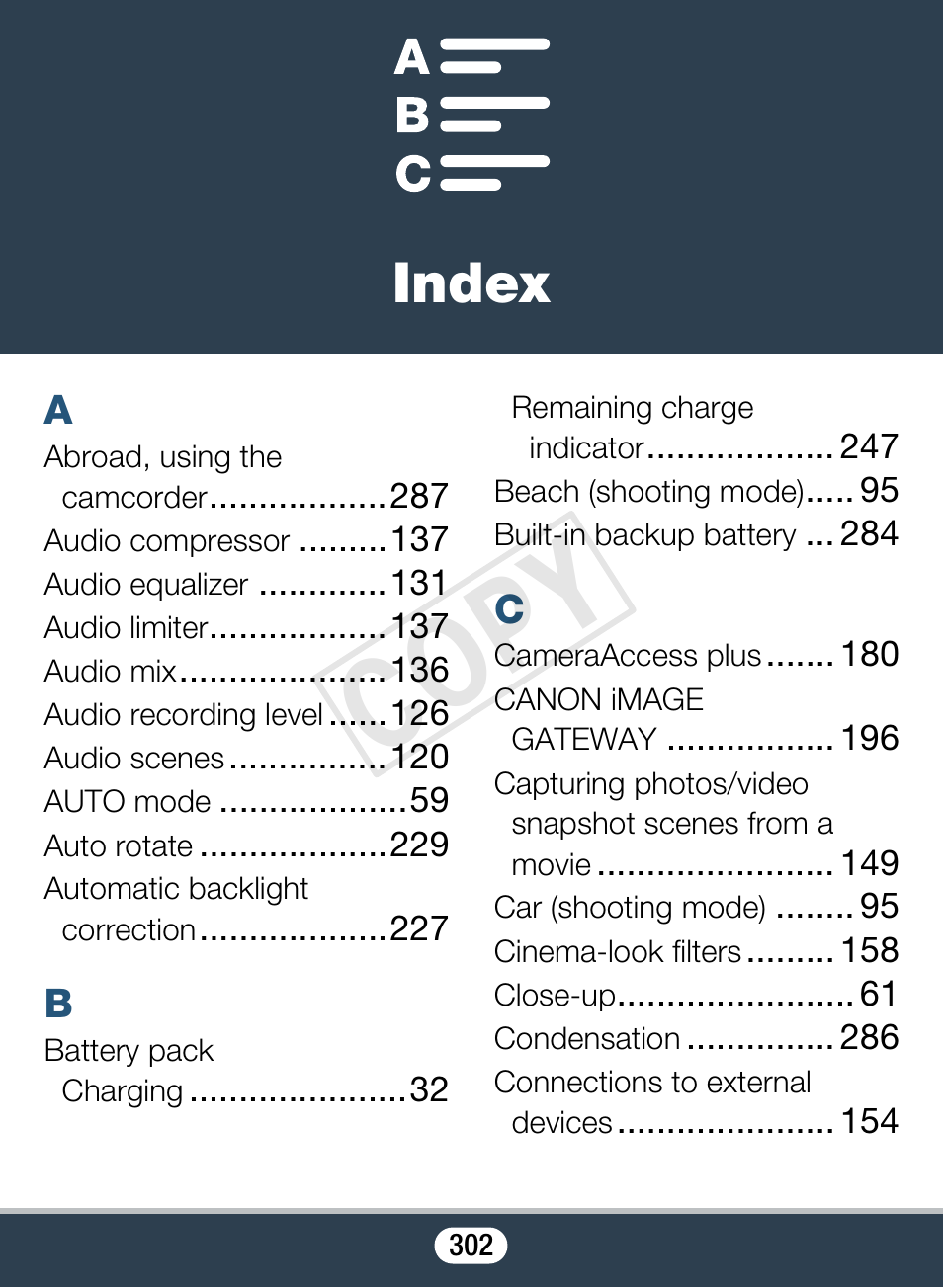 Index, C op y | Canon VIXIA mini X User Manual | Page 302 / 310