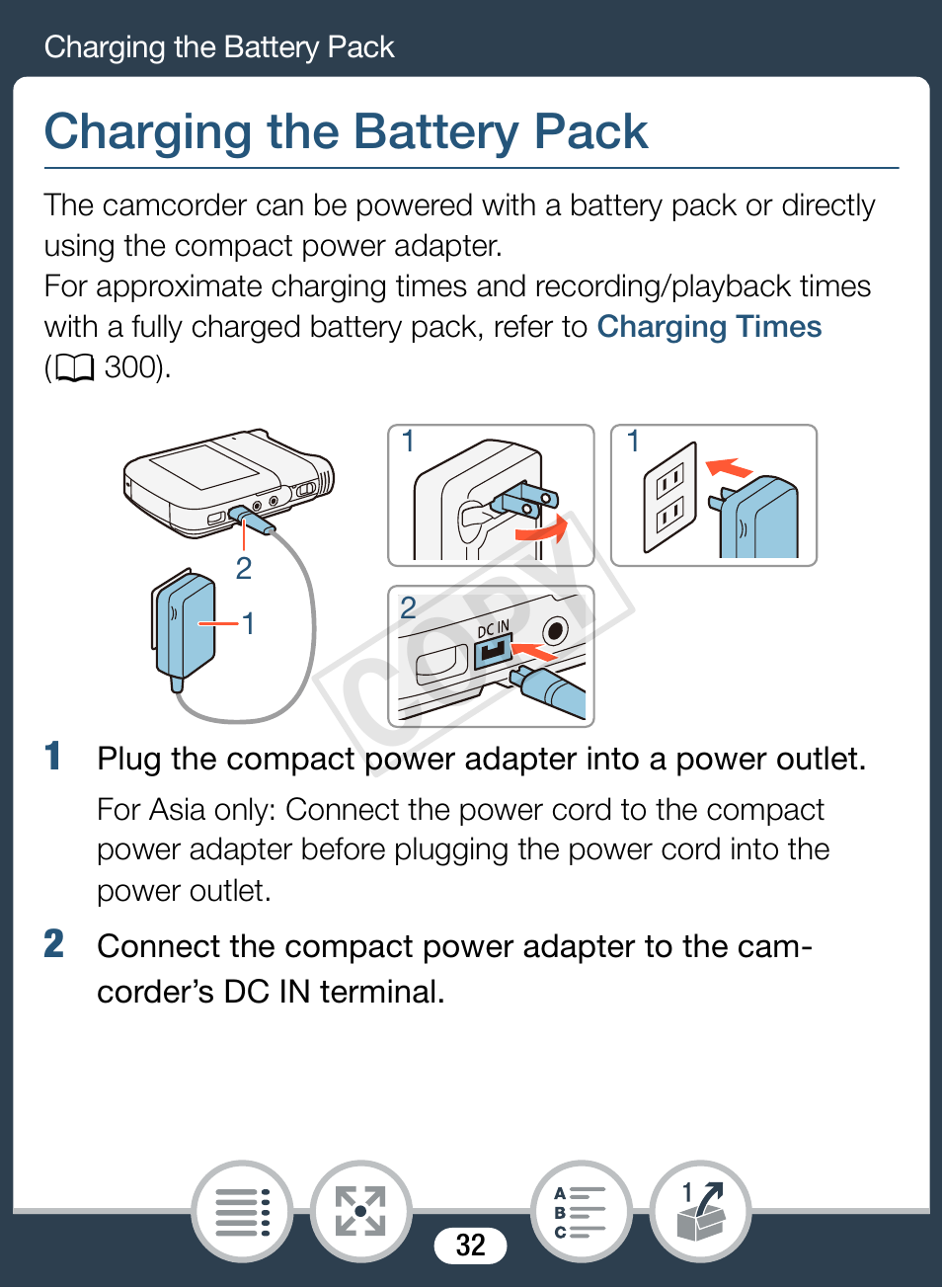 Charging the battery pack, Cop y | Canon VIXIA mini X User Manual | Page 32 / 310