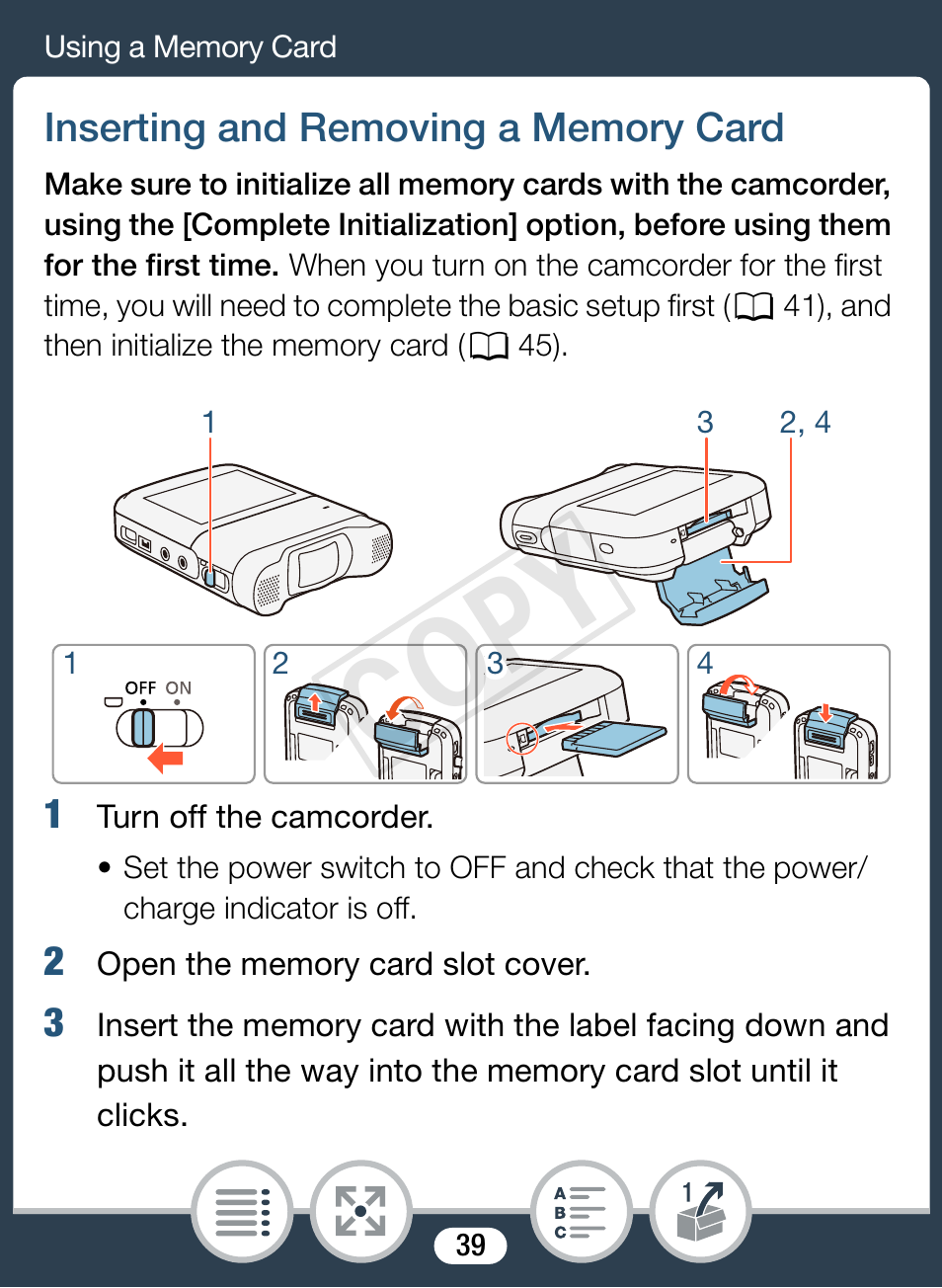 Inserting and removing a memory card, Cop y | Canon VIXIA mini X User Manual | Page 39 / 310