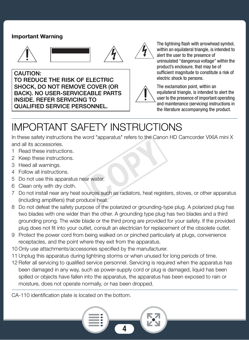 Cop y, Important safety instructions | Canon VIXIA mini X User Manual | Page 4 / 310