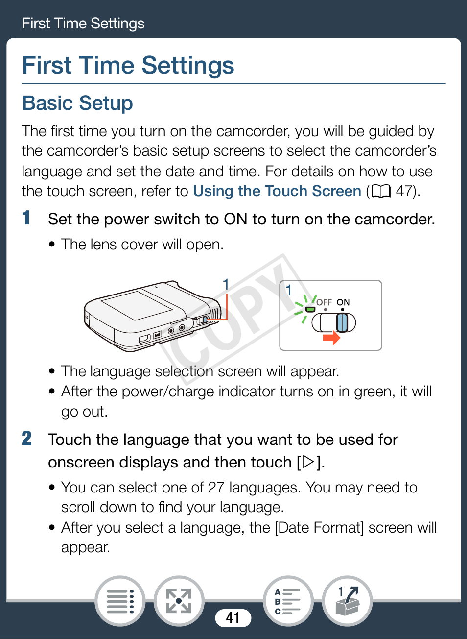 First time settings, Basic setup, Cop y | Canon VIXIA mini X User Manual | Page 41 / 310
