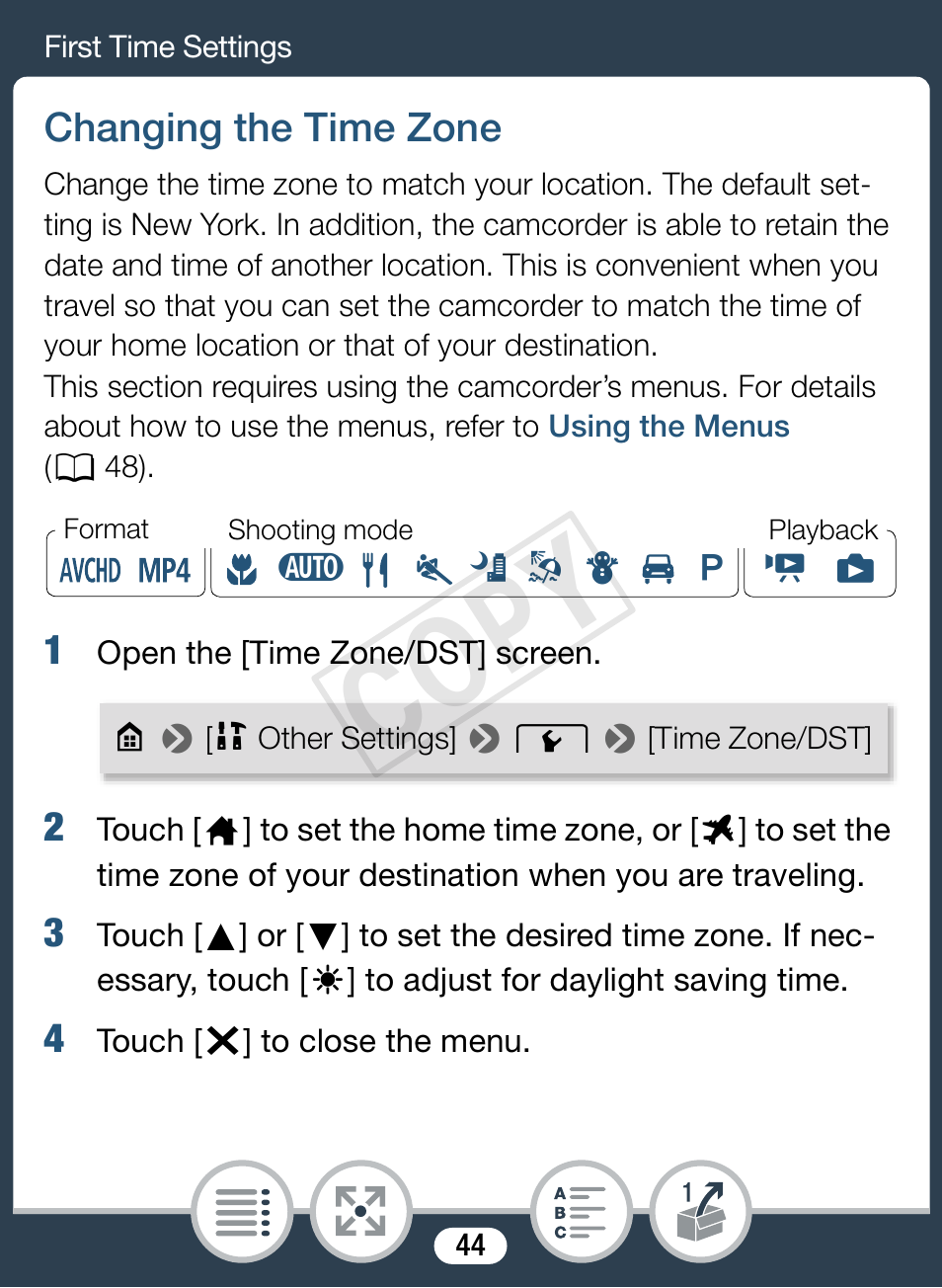 Changing the time zone, Cop y | Canon VIXIA mini X User Manual | Page 44 / 310