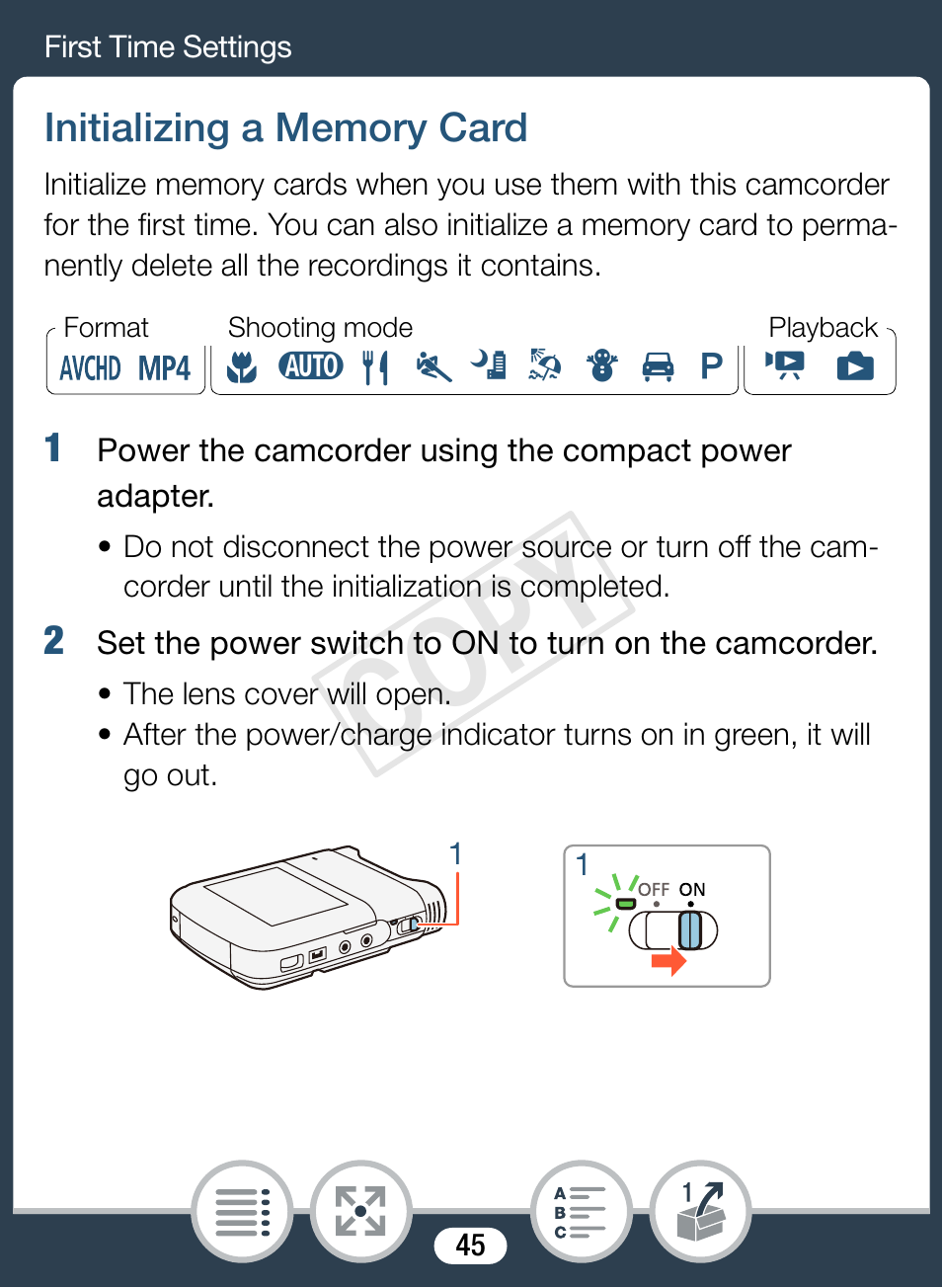 Initializing a memory card, Cop y | Canon VIXIA mini X User Manual | Page 45 / 310