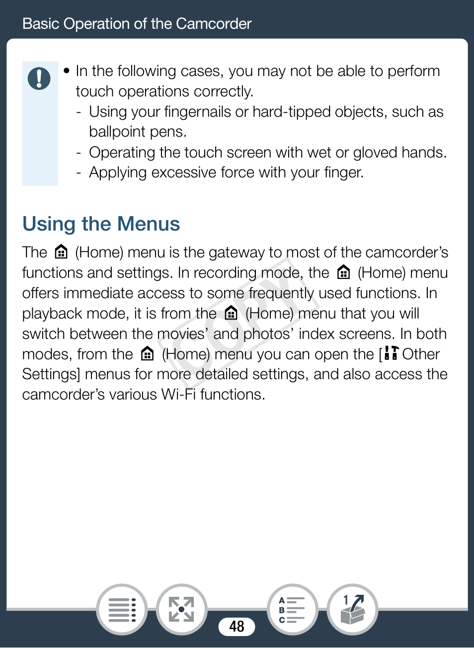 Using the menus, Cop y | Canon VIXIA mini X User Manual | Page 48 / 310