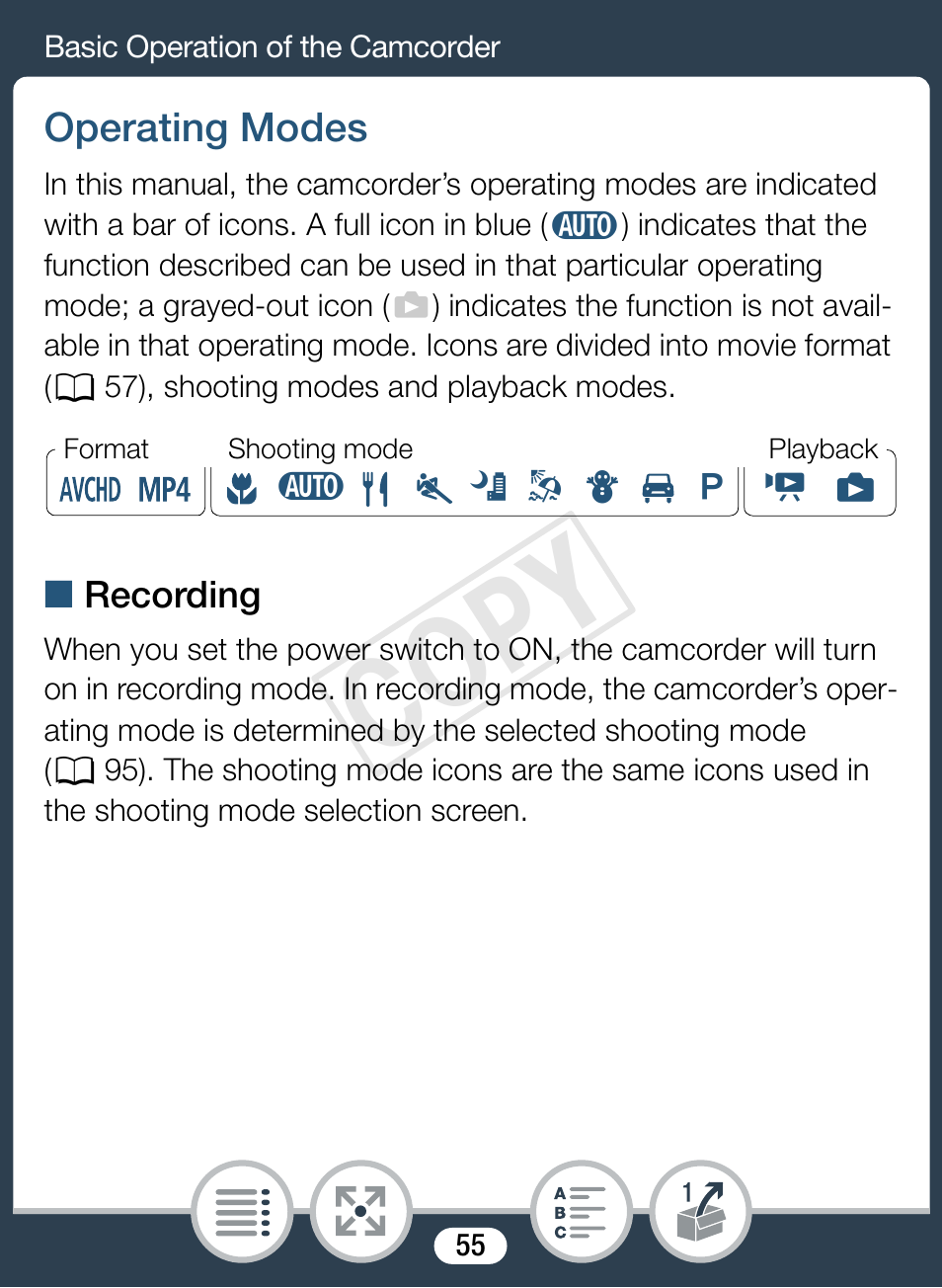 Operating modes, Cop y | Canon VIXIA mini X User Manual | Page 55 / 310