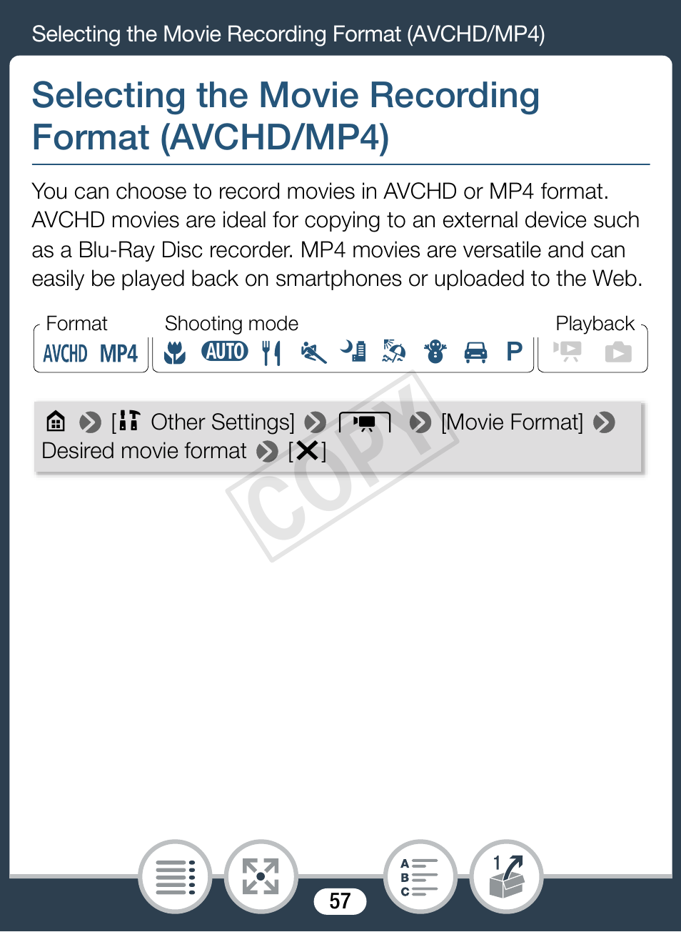 Selecting the movie recording format (avchd/mp4), Cop y | Canon VIXIA mini X User Manual | Page 57 / 310