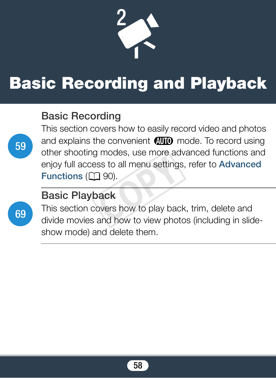 Basic recording and playback, Cop y | Canon VIXIA mini X User Manual | Page 58 / 310