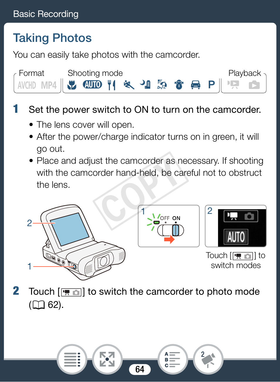 Taking photos, Cop y | Canon VIXIA mini X User Manual | Page 64 / 310