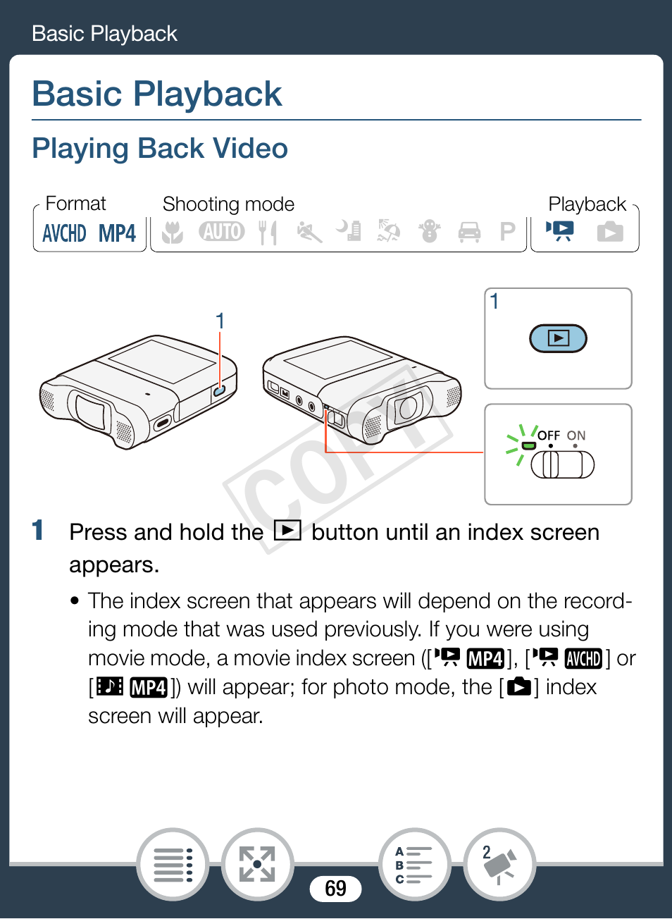 Basic playback, Playing back video, Cop y | Canon VIXIA mini X User Manual | Page 69 / 310