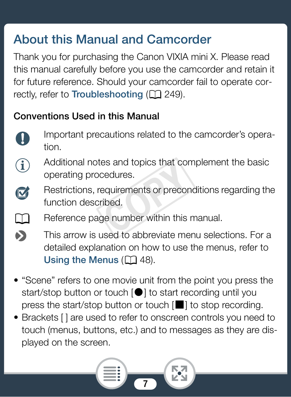 About this manual and camcorder, Cop y | Canon VIXIA mini X User Manual | Page 7 / 310