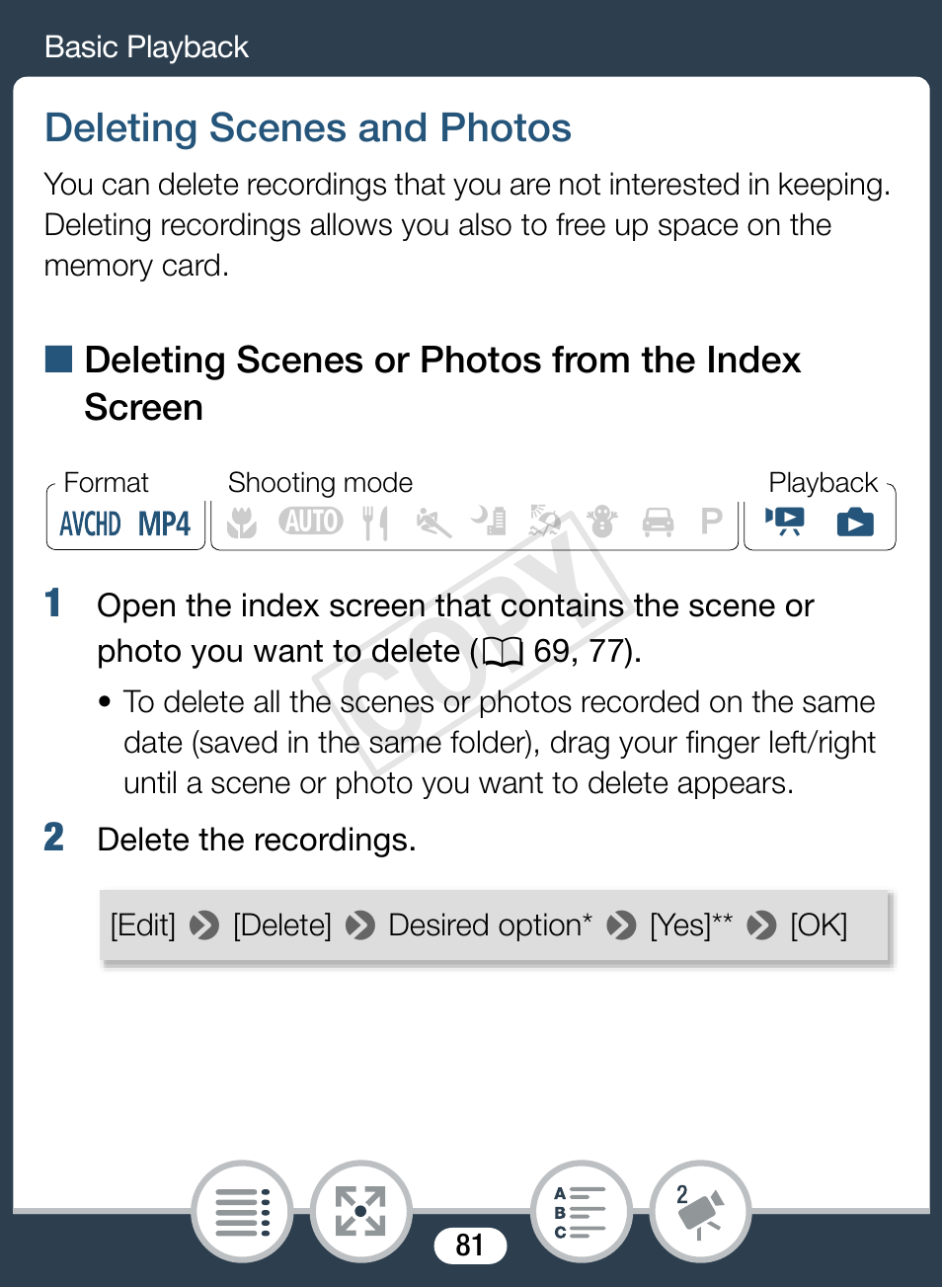 Deleting scenes and photos, Cop y | Canon VIXIA mini X User Manual | Page 81 / 310