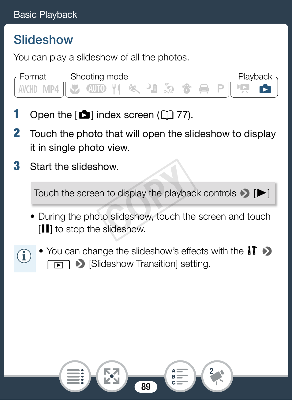 Slideshow, Cop y | Canon VIXIA mini X User Manual | Page 89 / 310